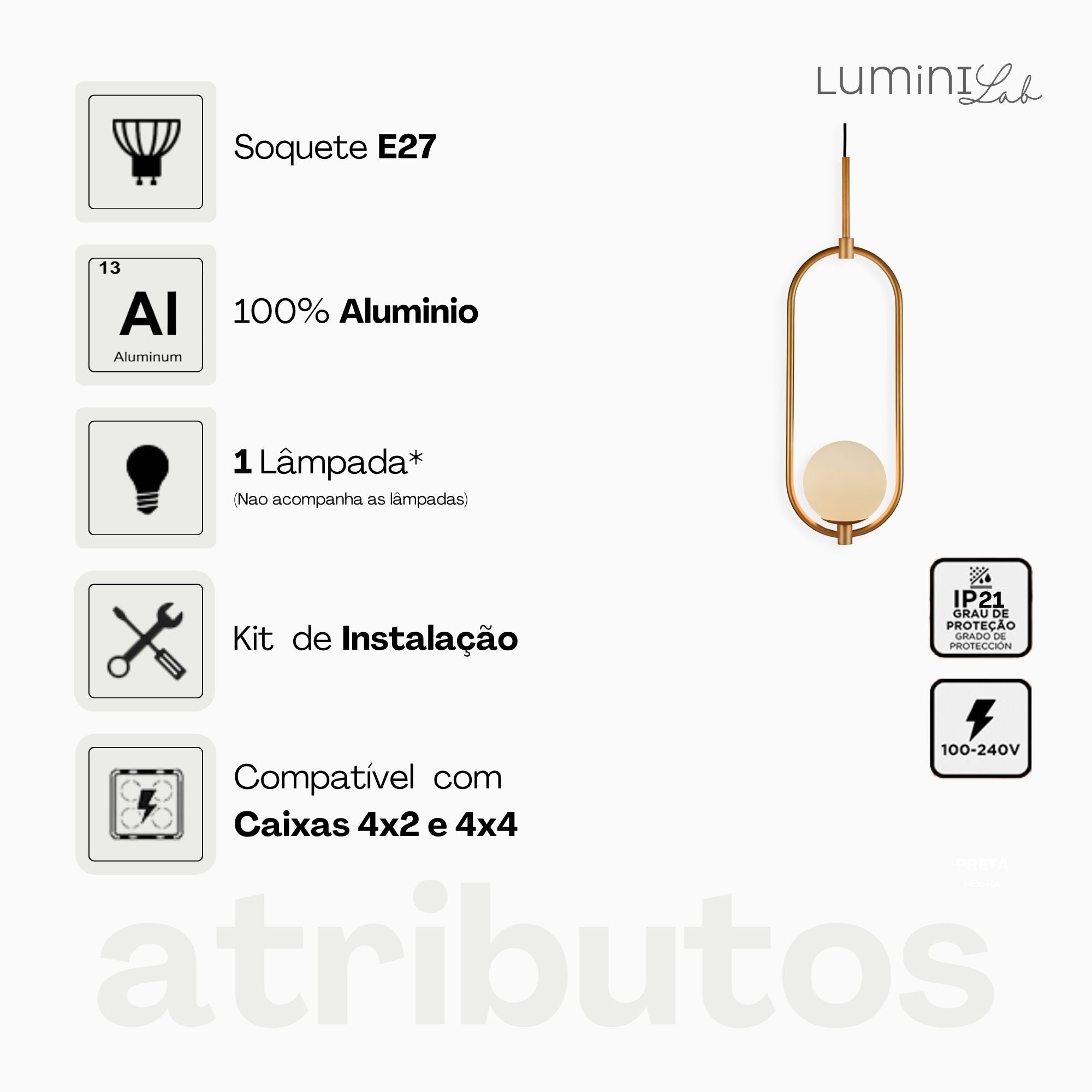 Pendente Arco Aluminio D12 Teto G9 1 Luz Lumini Lab