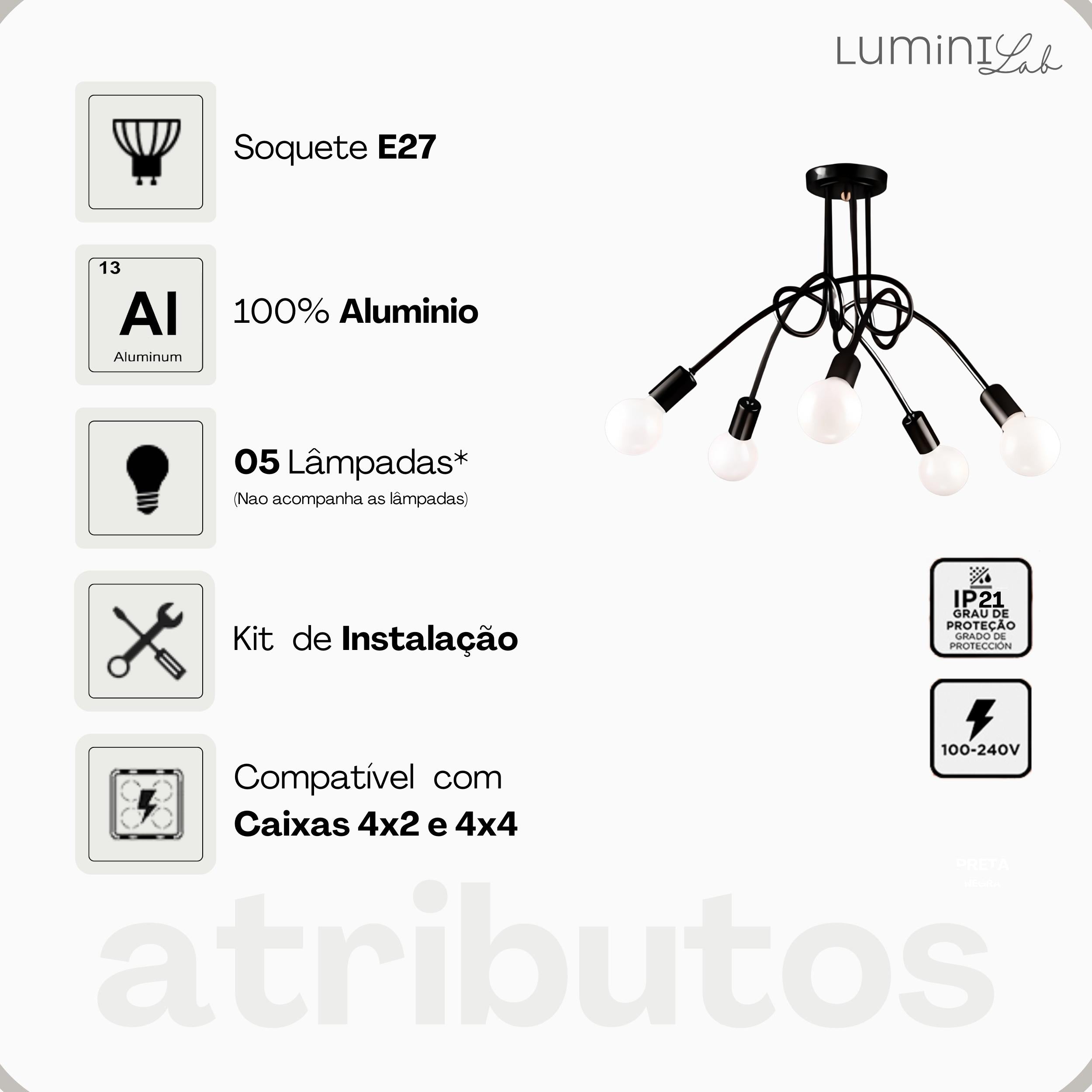 Plafon Laço Aluminio Teto E27 5 Luzes Lumini Lab