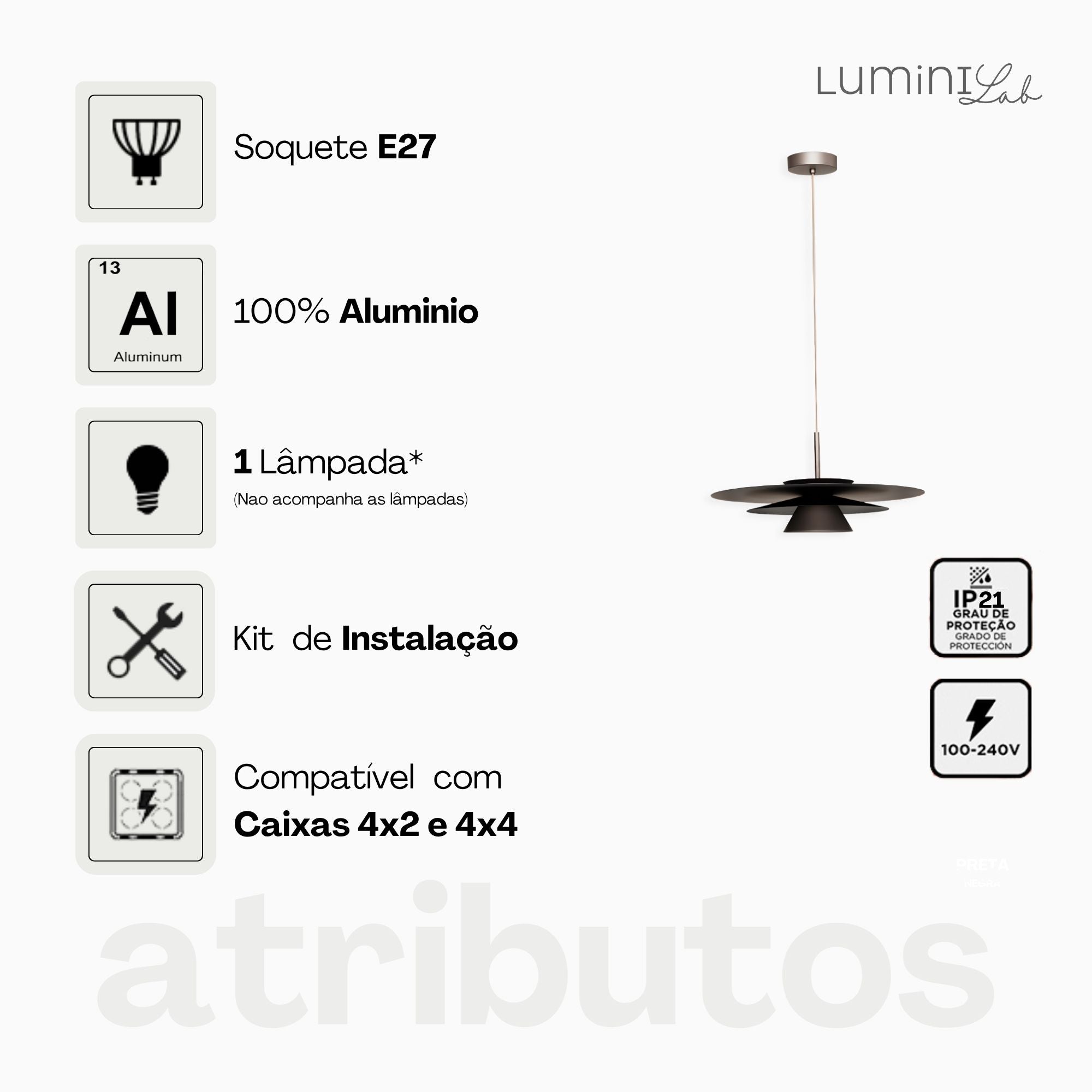 Pendente Jete D400 Aluminio Teto Cabo 1 metro 1 Luz GU10 Bivolt Lumini Lab