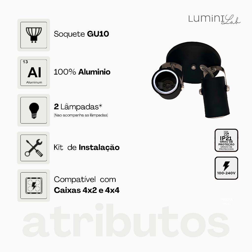 Spot Moderno Aluminio Teto 2 Luzes GU10 Bivolt Lumini Lab