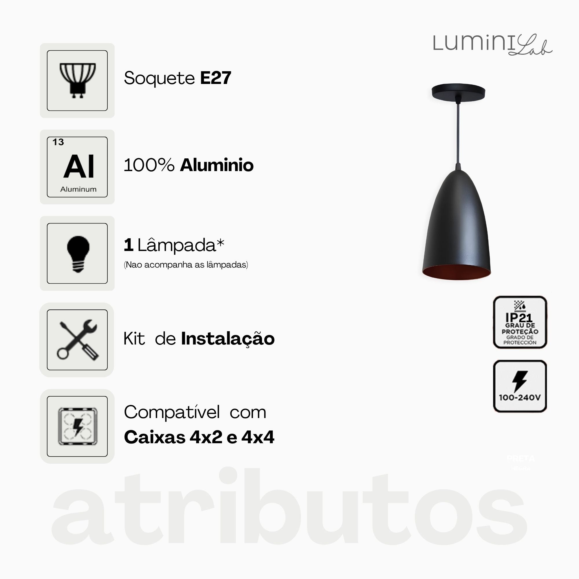 Pendente Bala Aluminio Teto E27 1 Luz Lumini Lab