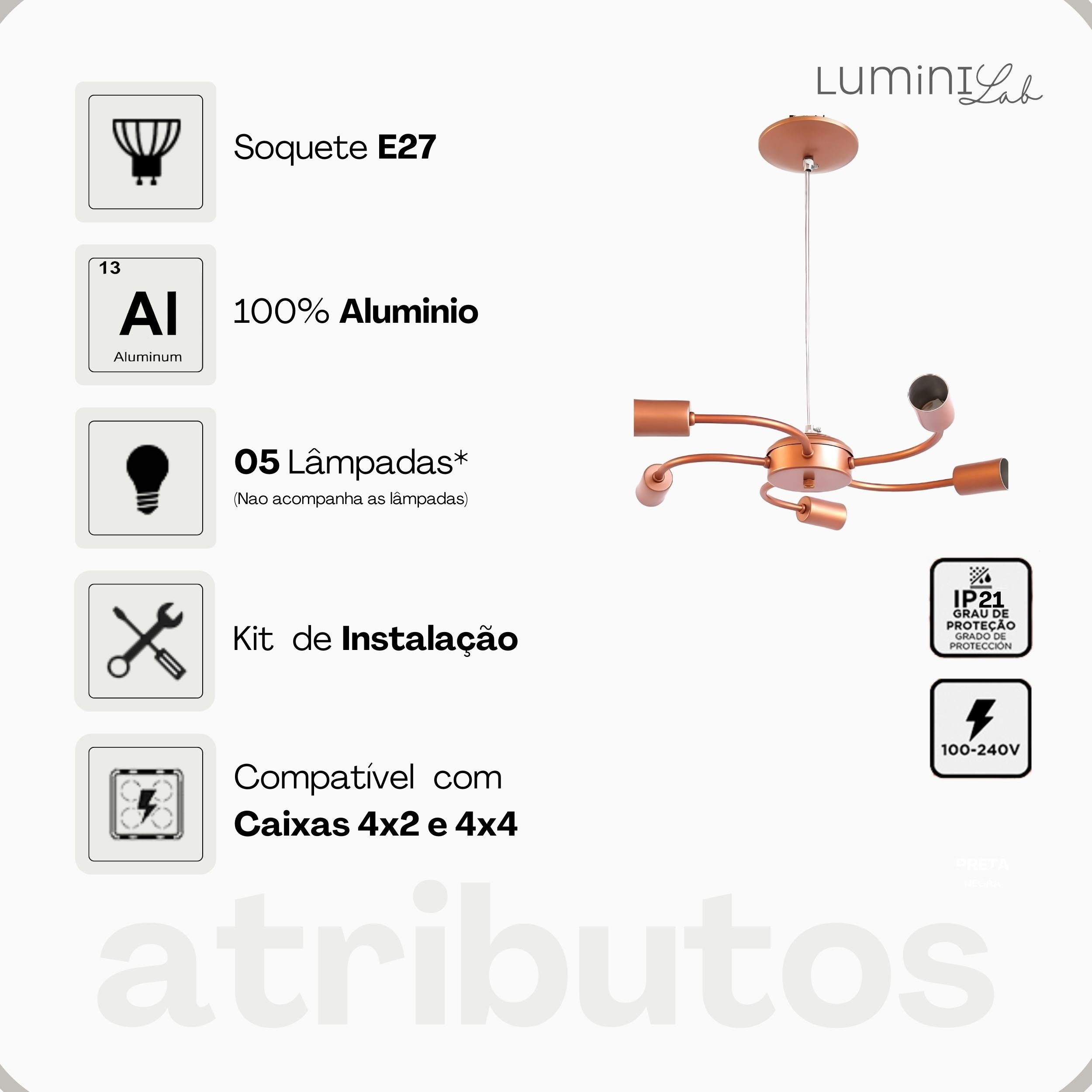 Pendente Master Aluminio Teto Cabo 1 metro 5 Luzes E27 Bivolt Lumini Lab