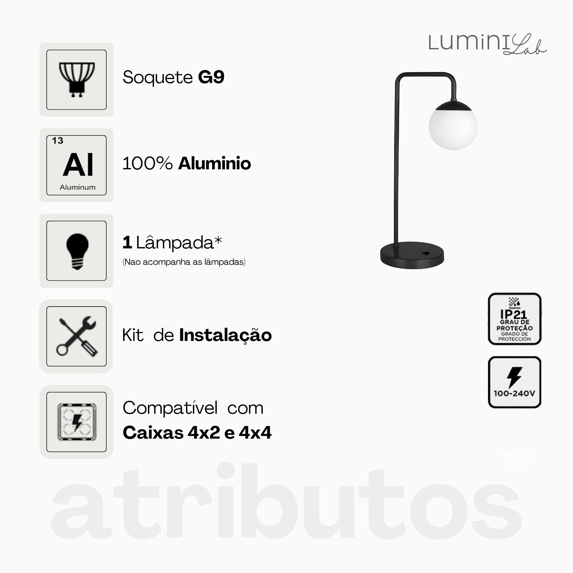 Luminaria de Mesa Vintage Retrô Aluminio D12 G9 1 Luz Fixa Lumini Lab