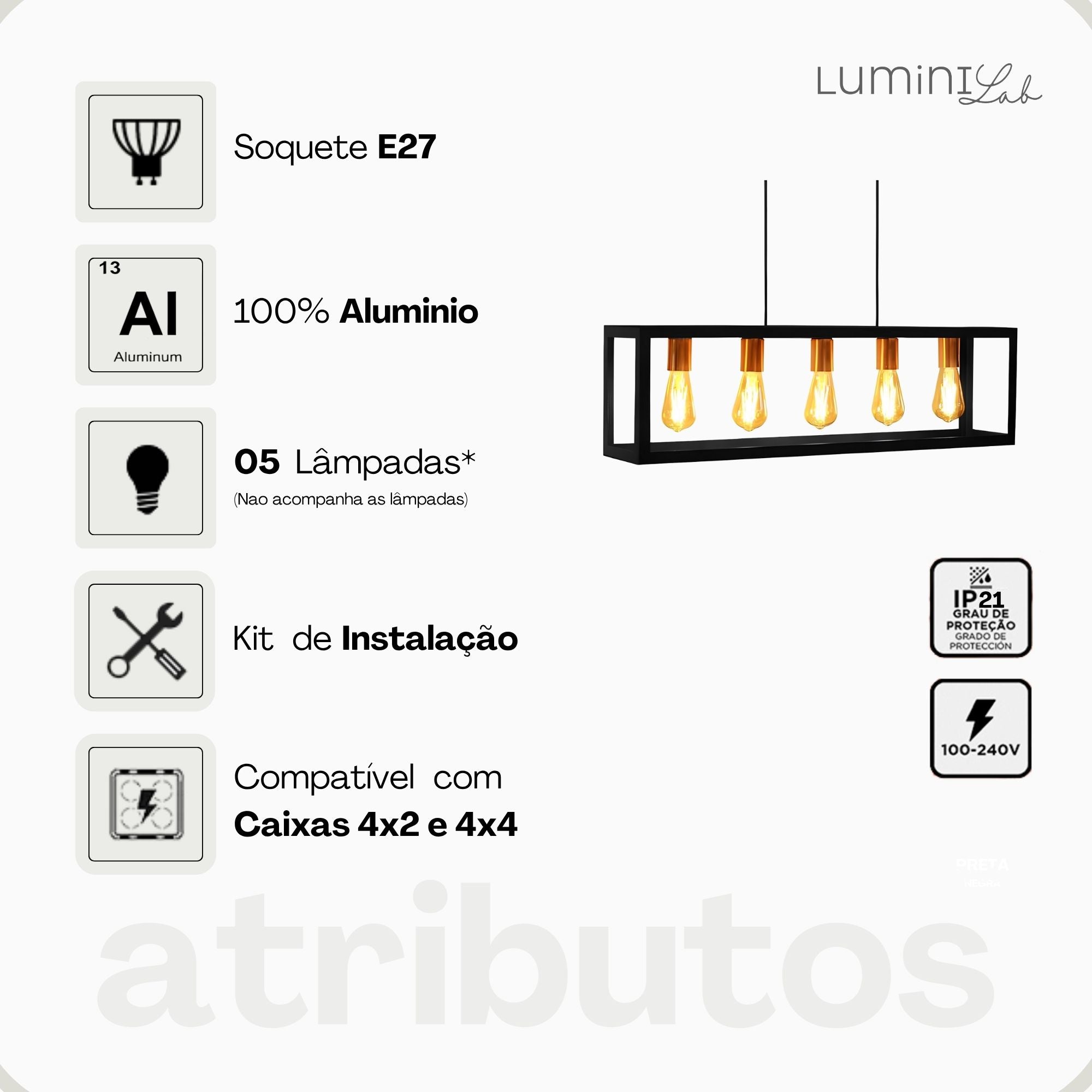 Pendente Dantas Aluminio Teto E27 5 Luzes Lumini Lab