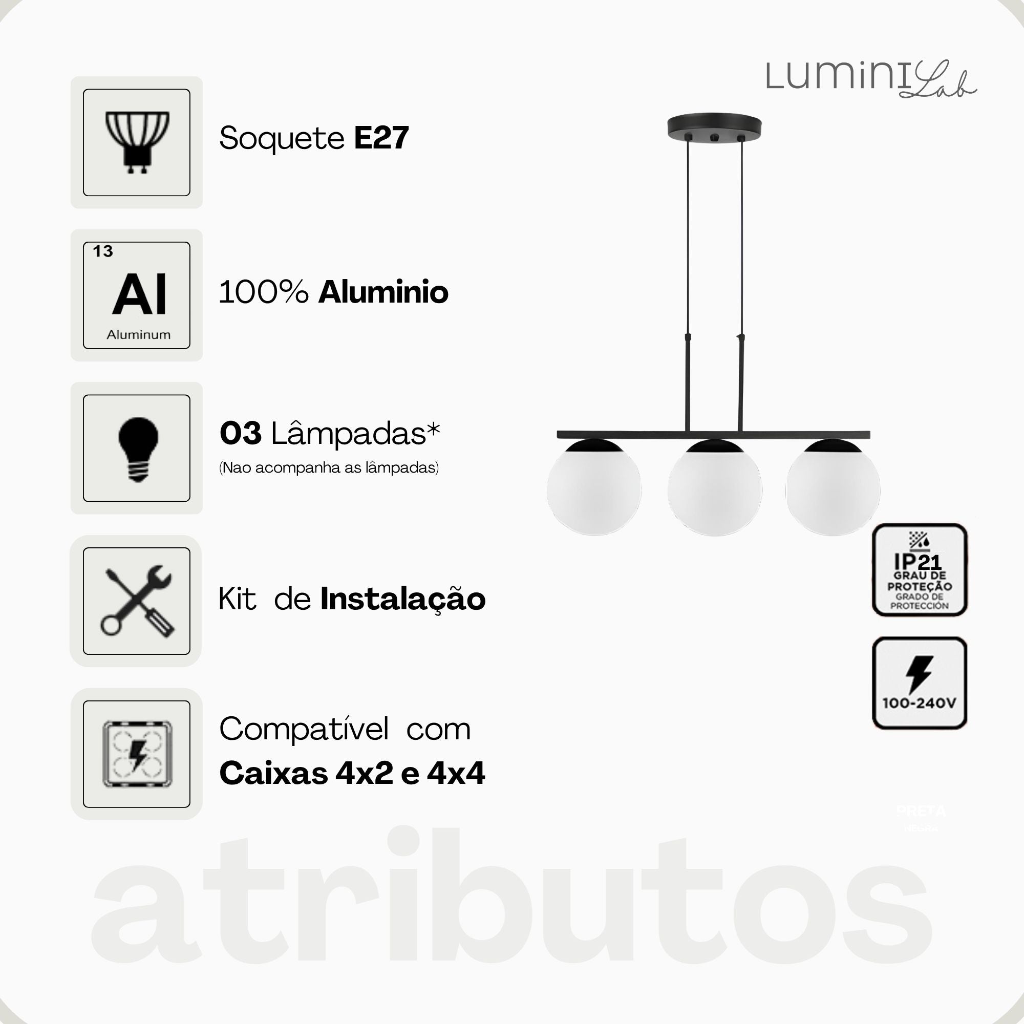 Pendente Hanover Aluminio D15 Teto E27 3 Luzes Lumini Lab