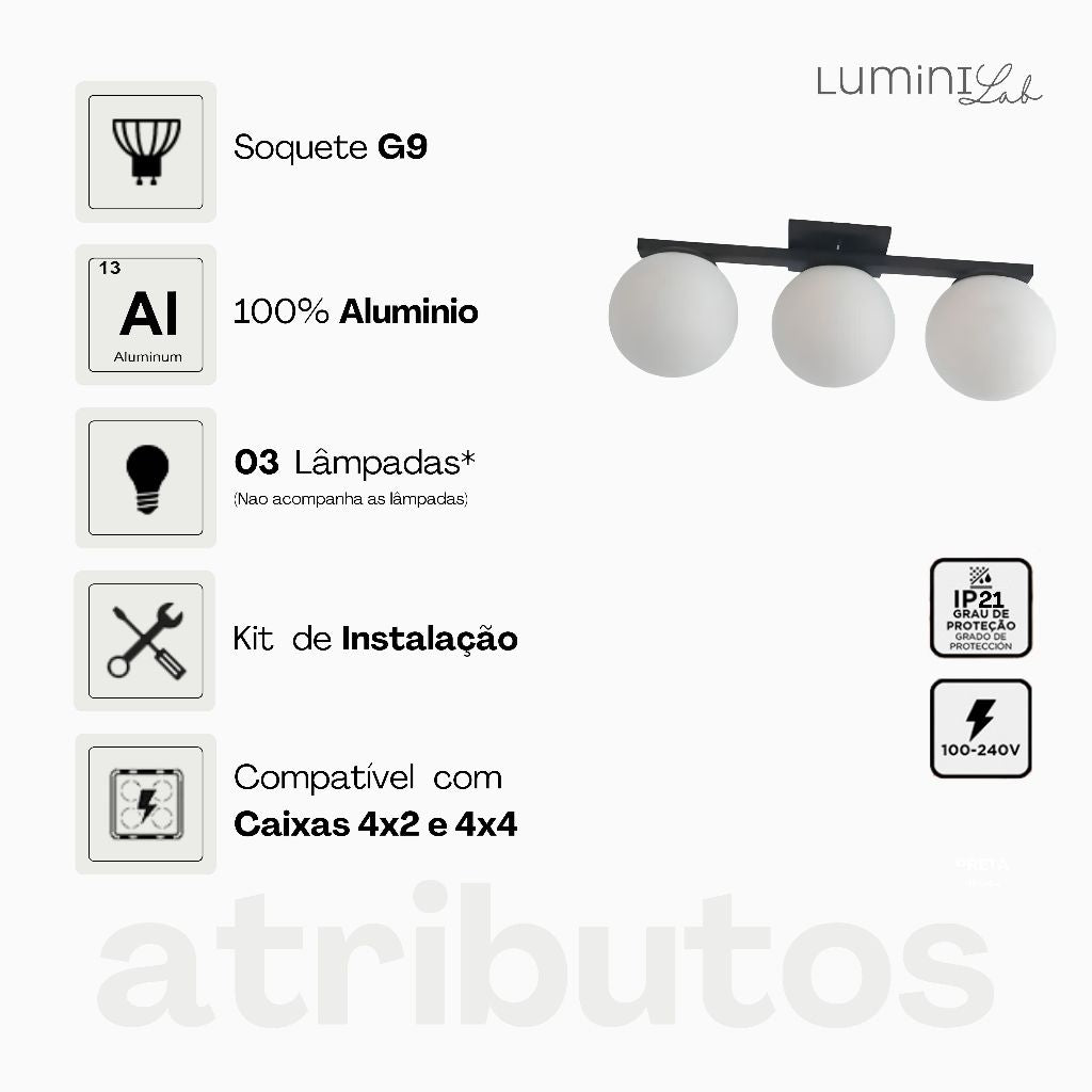 Plafon Light Aluminio Teto 3 Luzes G9 D12 Bivolt Lumini Lab
