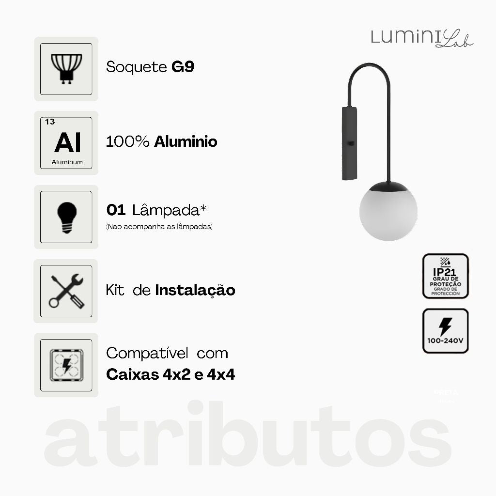 Arandela Flye Aluminio D12 Parede G9 1 Luz Lumini Lab