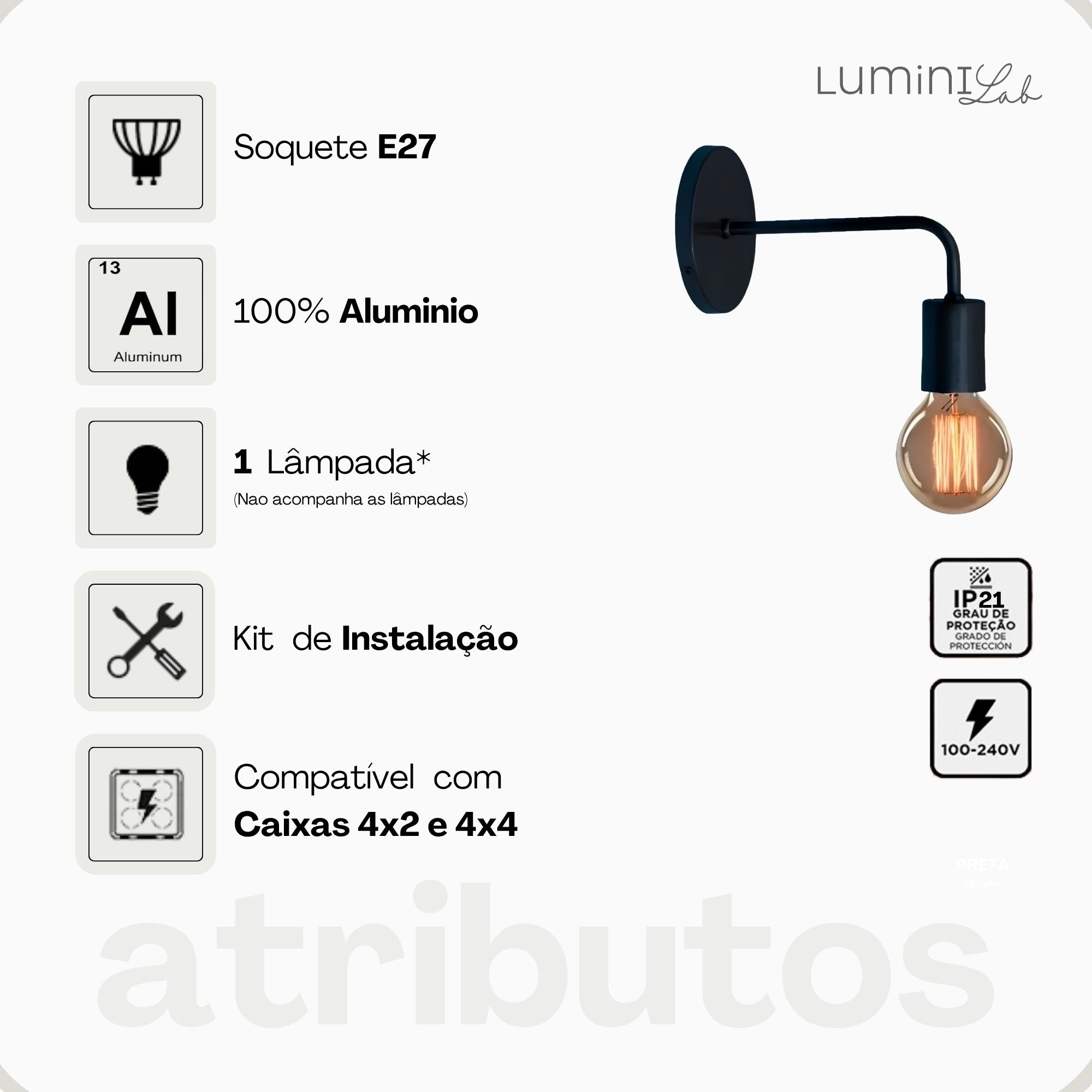 Arandela Hanover Aluminio Parede 1 Luz E27 Bivolt Lumini Lab