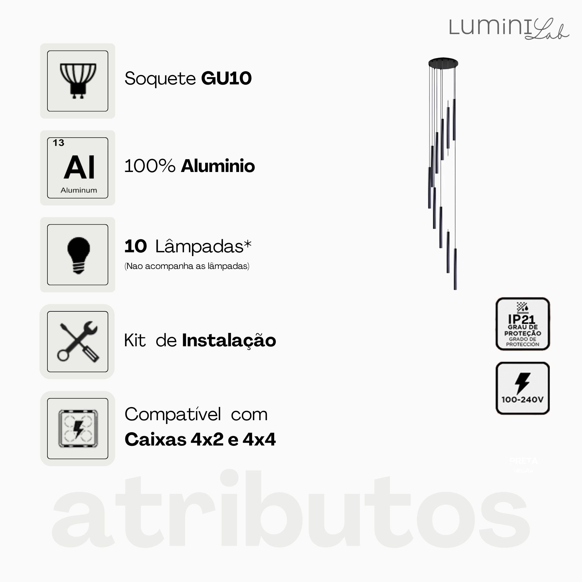 Pendente Arcana Aluminio Teto Cabo 1 metro 10 Luzes GU10 Bivolt Lumini Lab