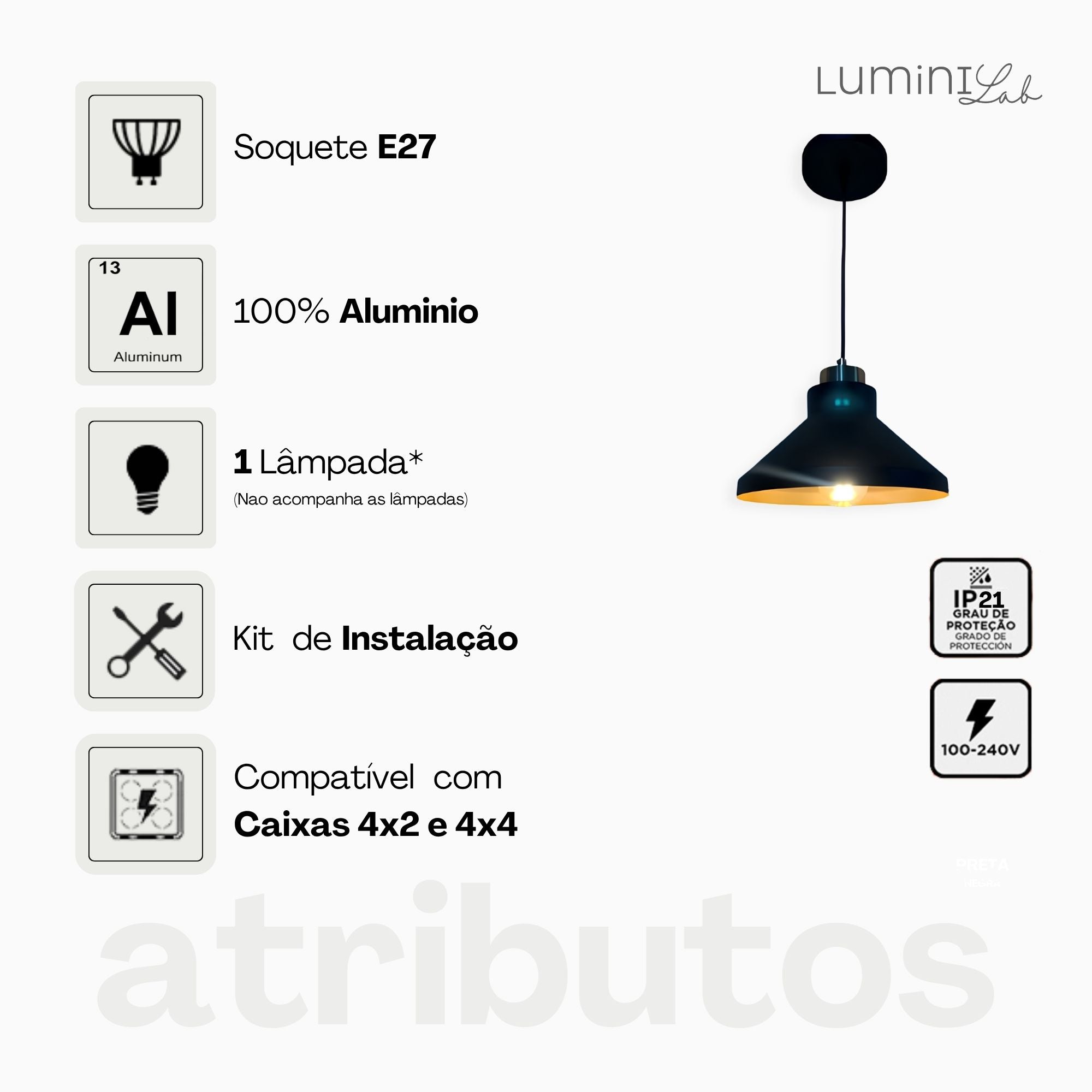 Pendente Aurora Aluminio Teto E27 1 Luz Lumini Lab