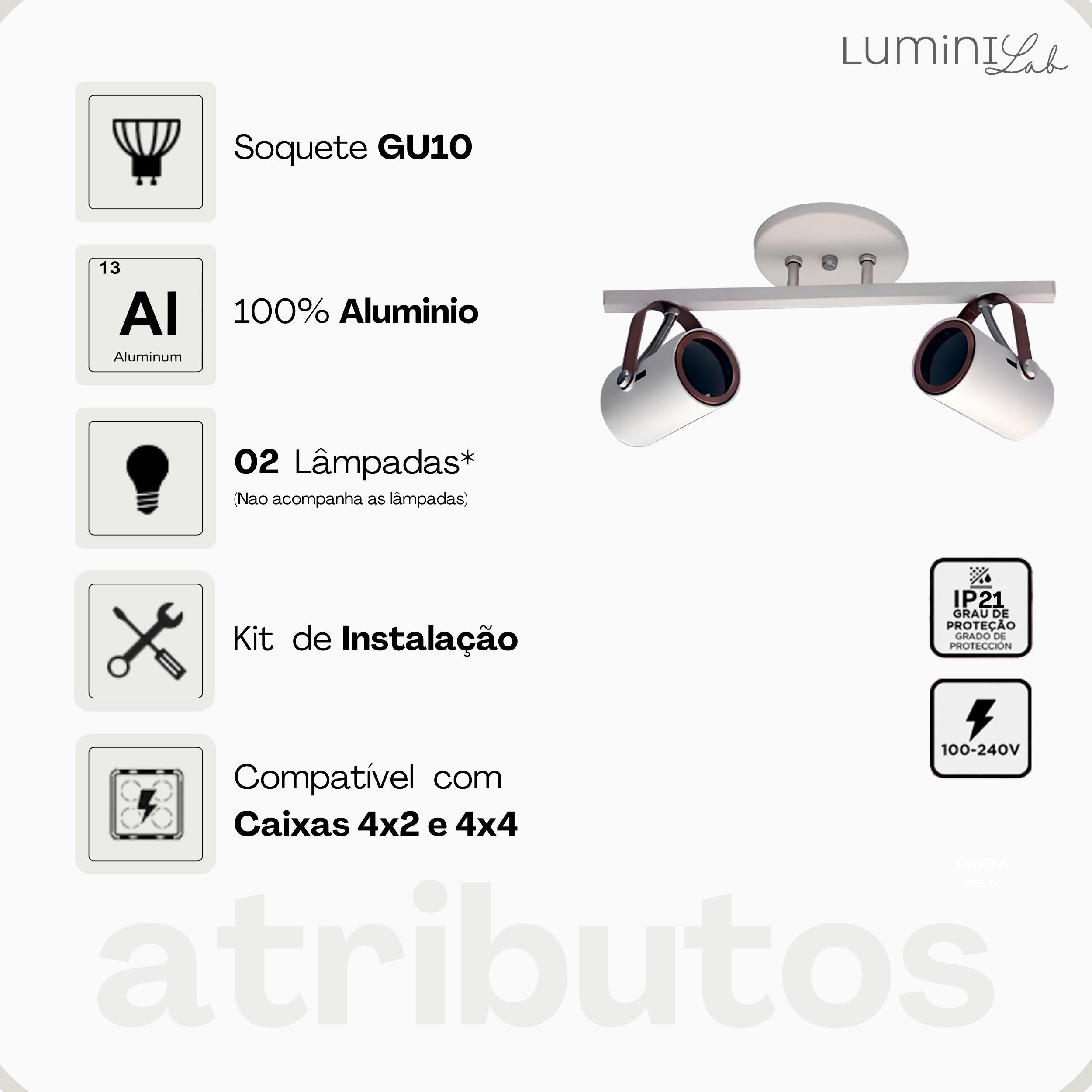 Spot Trilho Moderno Aluminio Teto GU10 2 Luzes Lumini Lab
