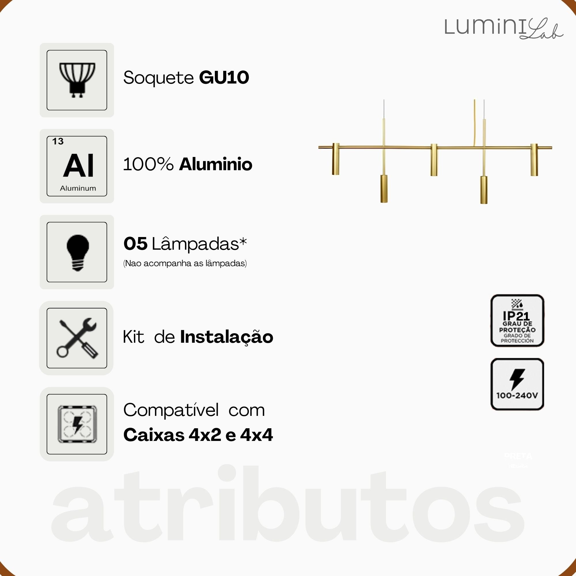 Pendente Lux Aluminio Teto GU10 5 Luzes Lumini Lab