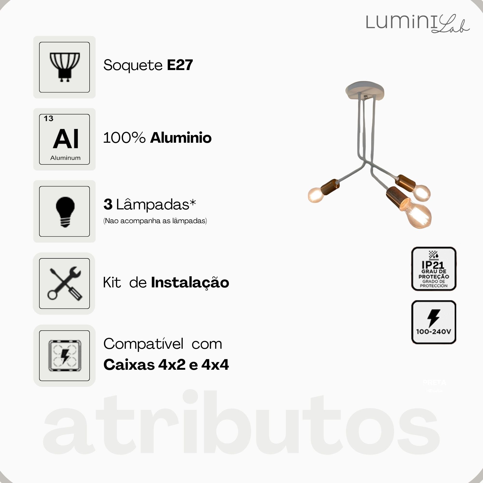 Plafon Lumiviva Aluminio Teto 3 Luzes E27 Bivolt Lumini Lab
