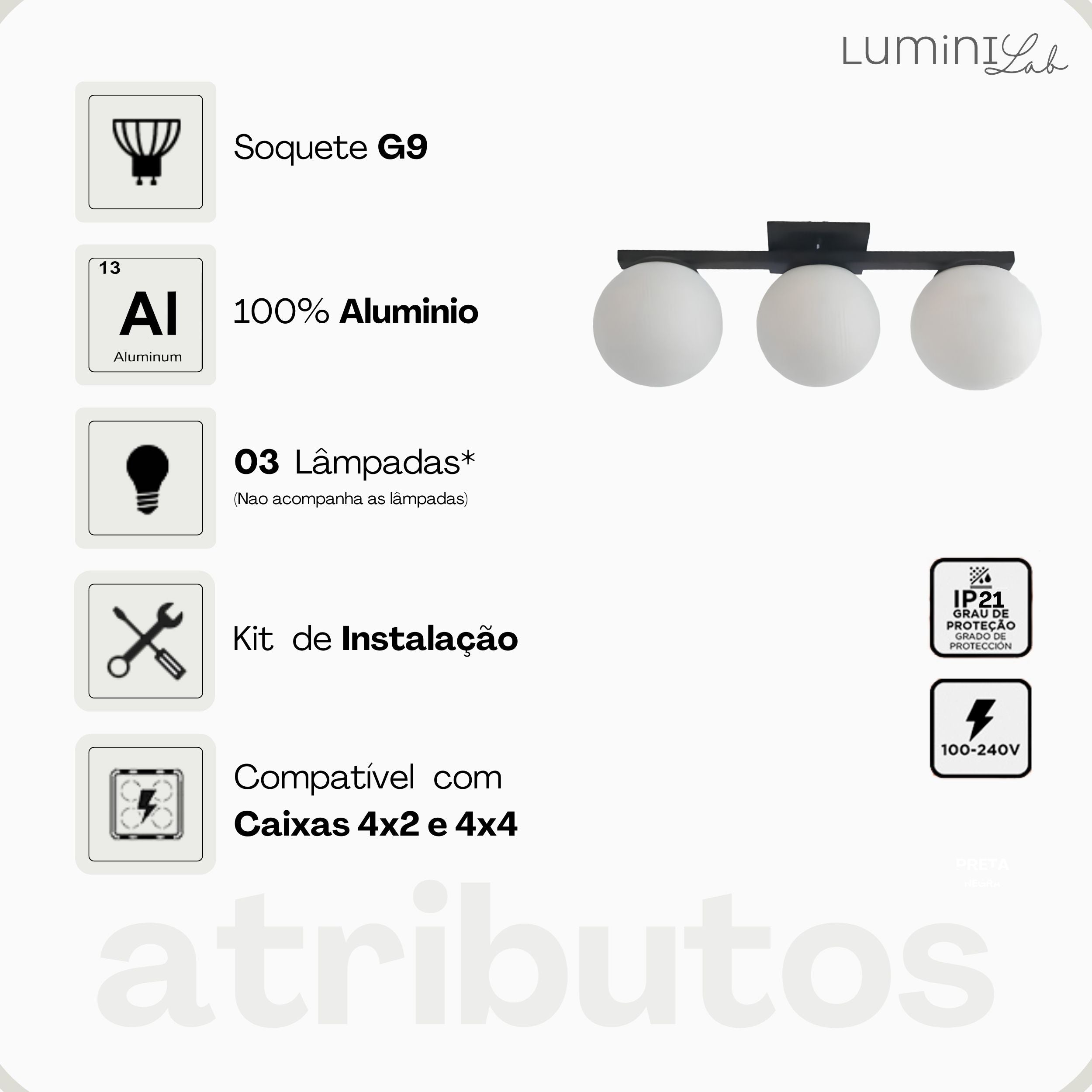 Plafon Light Aluminio Teto 3 Luzes G9 D12 Bivolt Lumini Lab