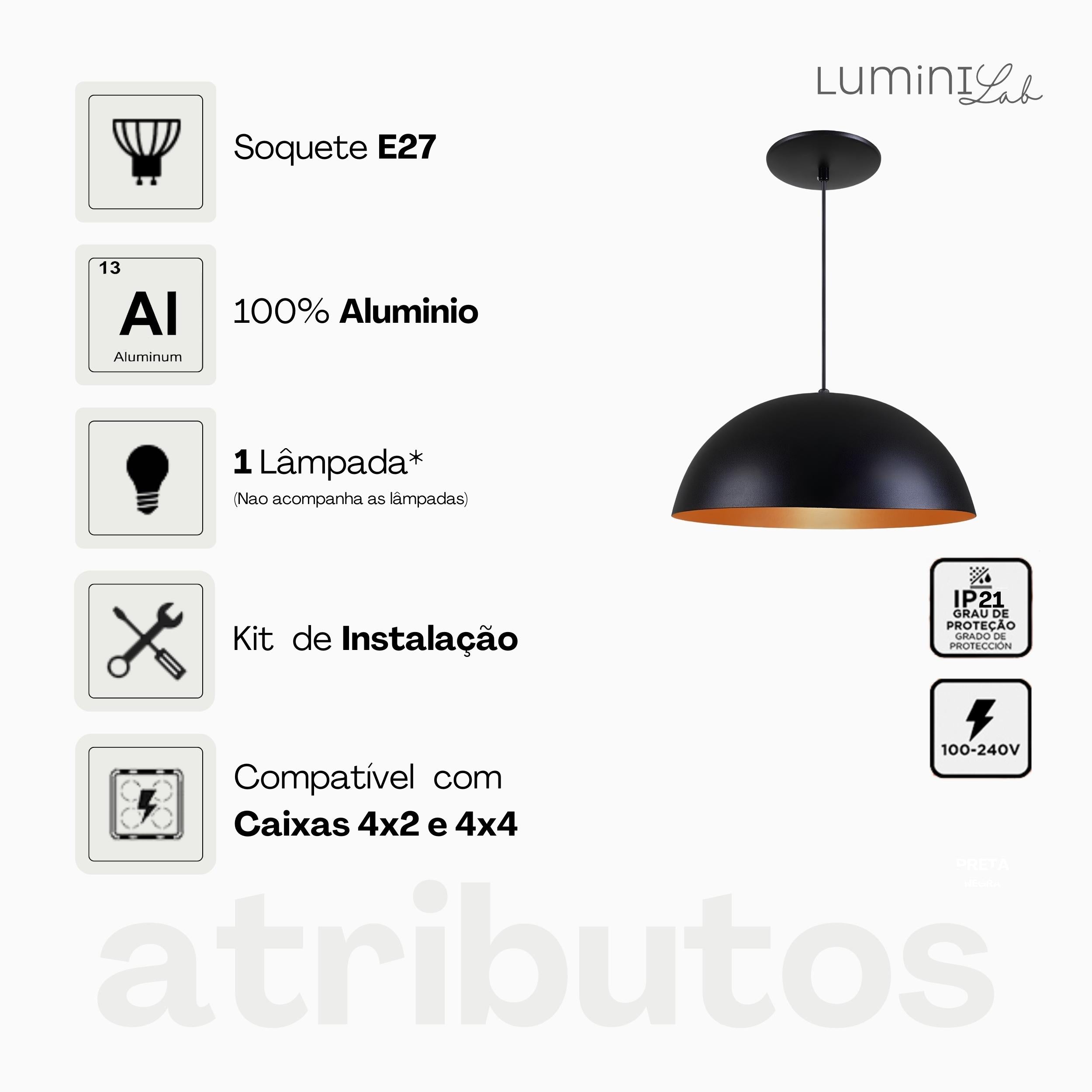 Pendente Meia Lua 38 Aluminio Teto Cabo 1 metro 1 Luz E27 Bivolt Lumini Lab