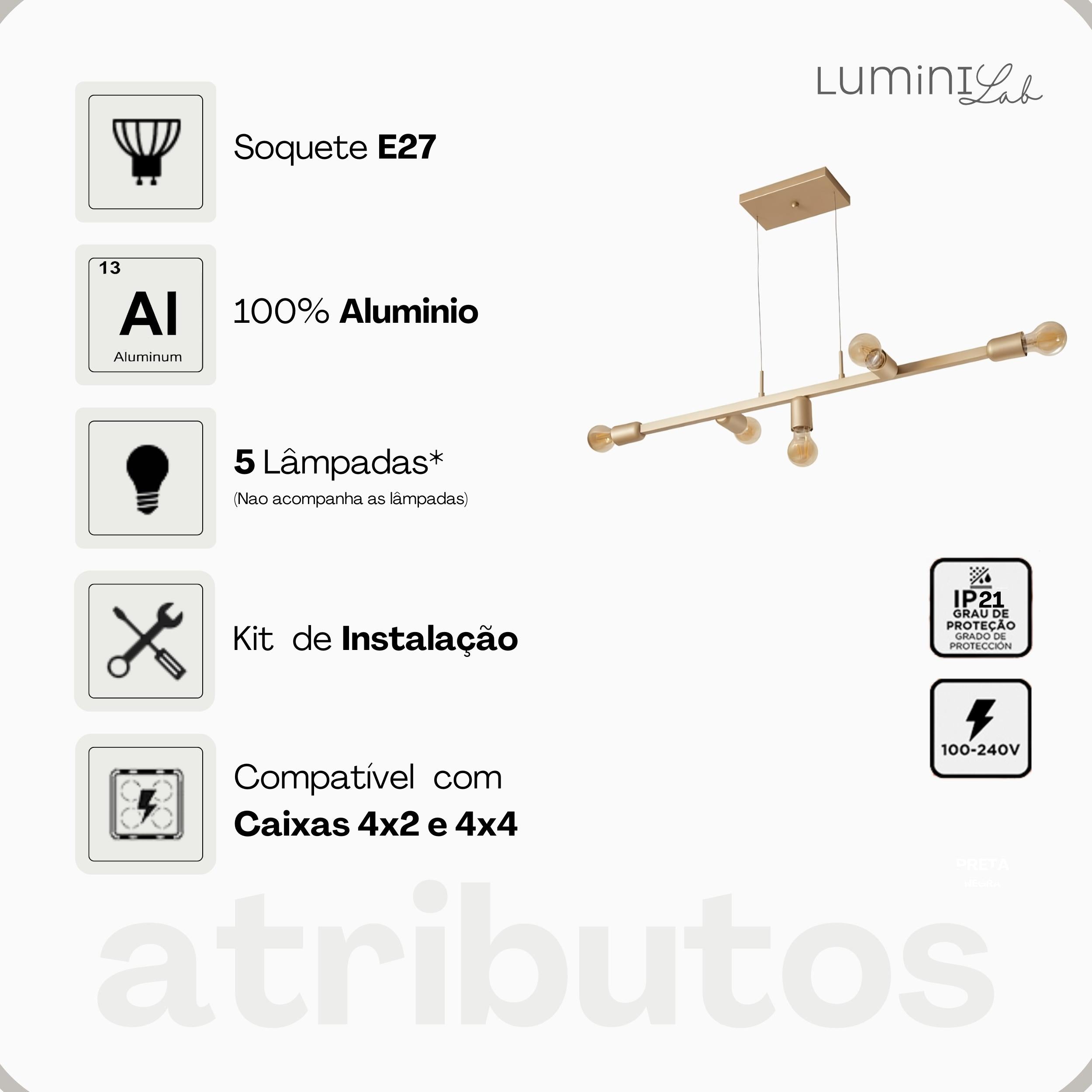 Pendente Tazza Aluminio Teto E27 5 Luzes Lumini Lab