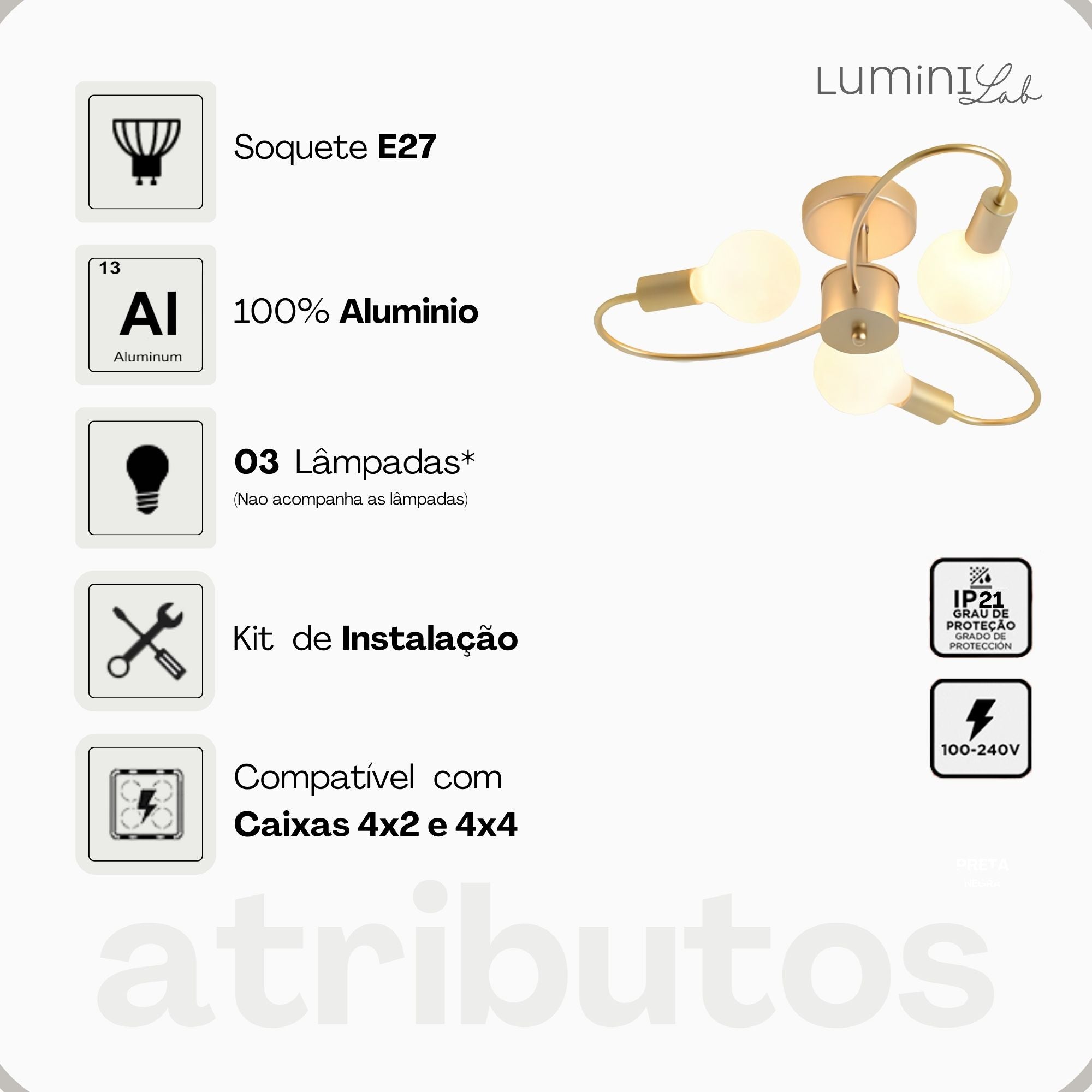 Plafon Flower Aluminio Teto 3 Luzes E27 Bivolt Lumini Lab