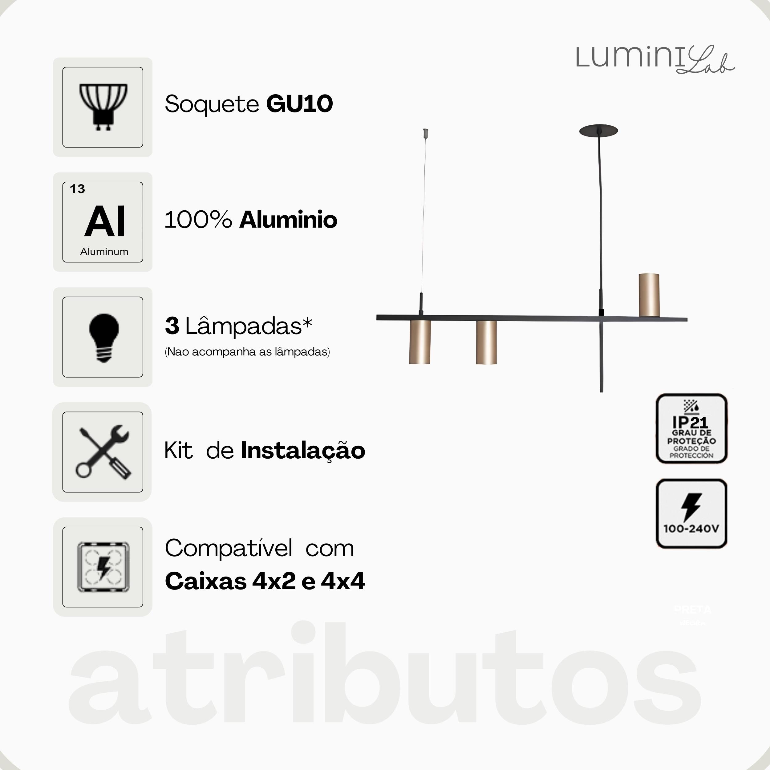 Pendente Livina Aluminio Teto Cabo 1 metro 3 Luzes GU10 Bivolt Lumini Lab