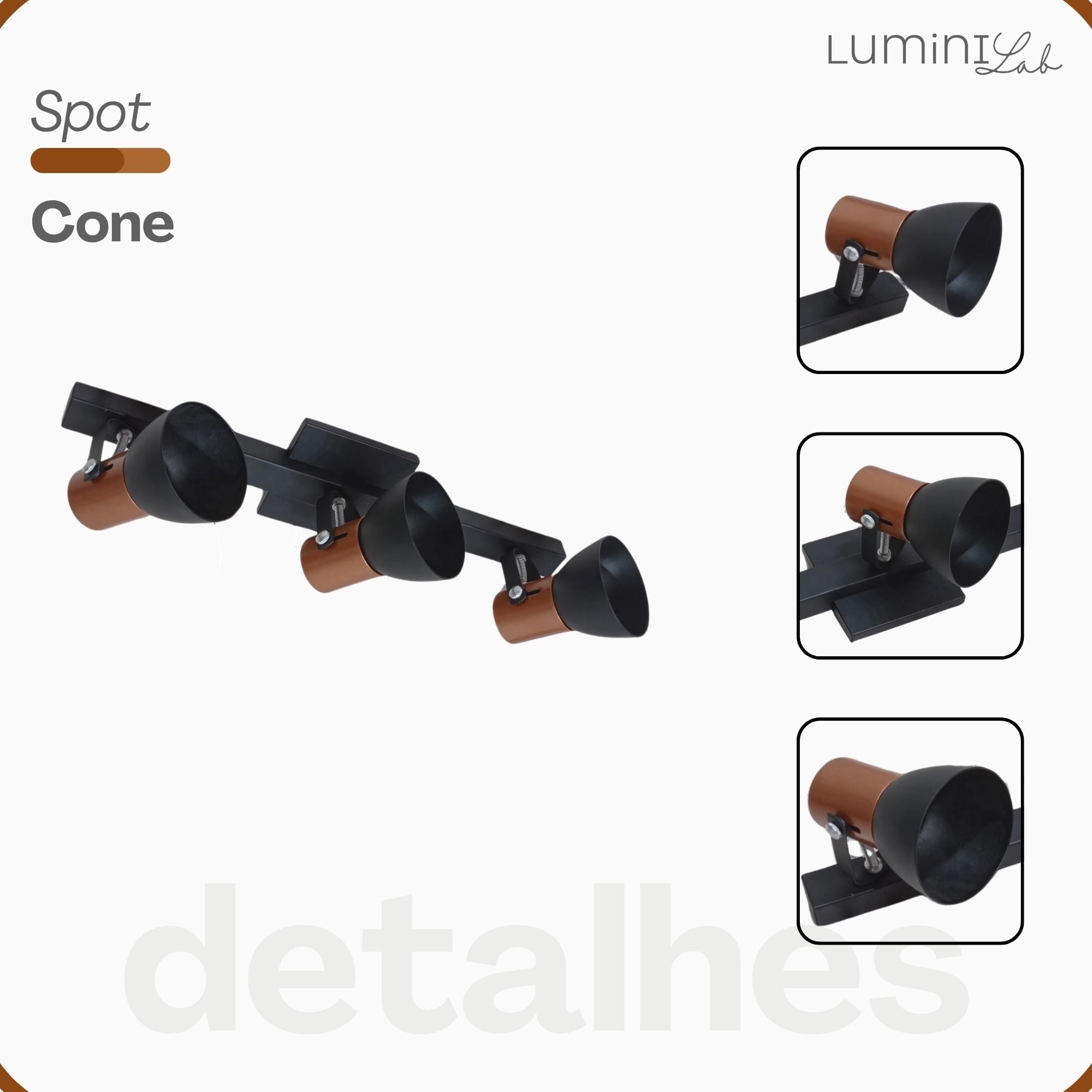 Spot Trilho Cone Aluminio 3 Lâmpadas E27 Lumini Lab