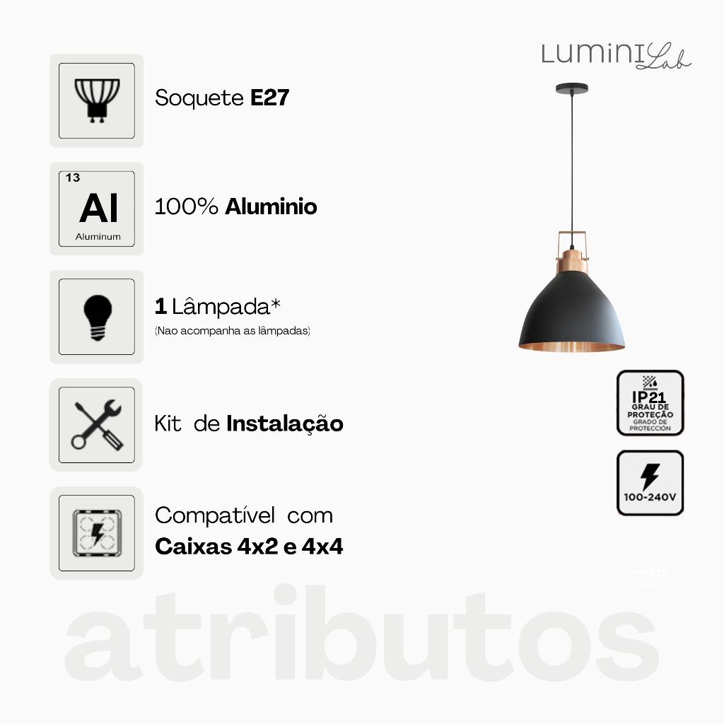 Pendente Aveiro 400 Aluminio Teto E27 1 Luz Lumini Lab