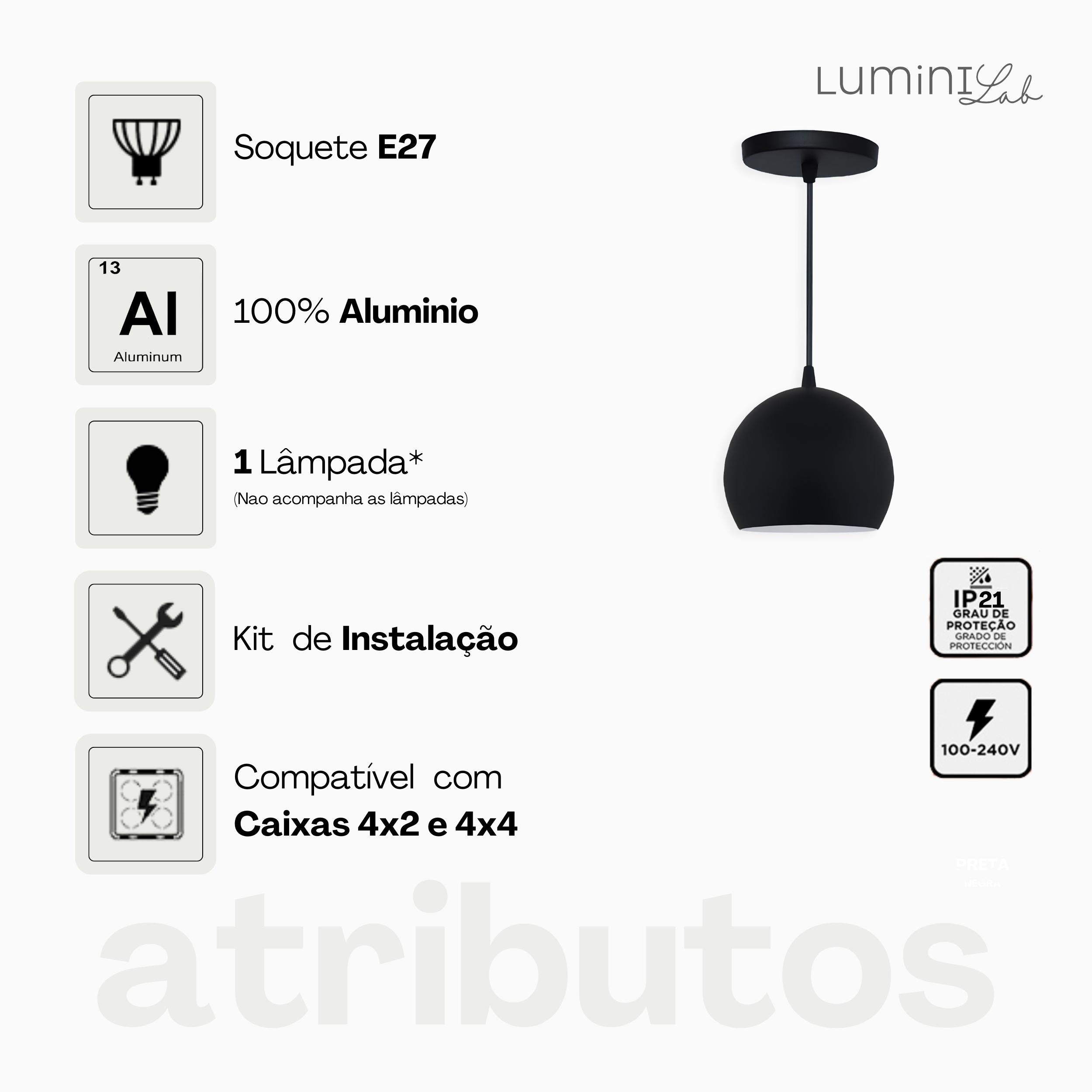 Pendente Coquinho Aluminio Teto E27 1 Luz Lumini Lab