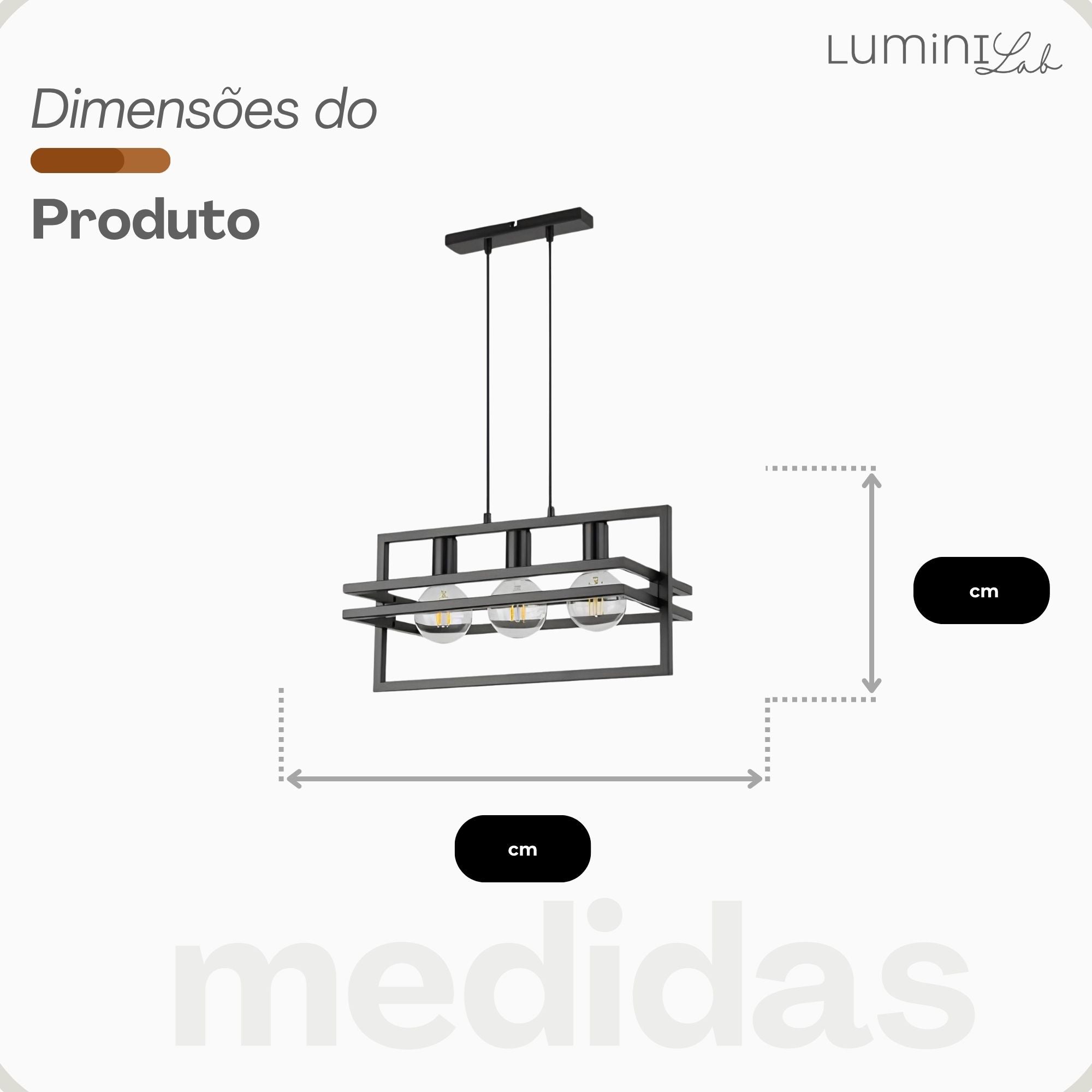 Pendente Moldura Aluminio Teto Cabo 1 metro 3 Luzes E27 Bivolt Lumini Lab