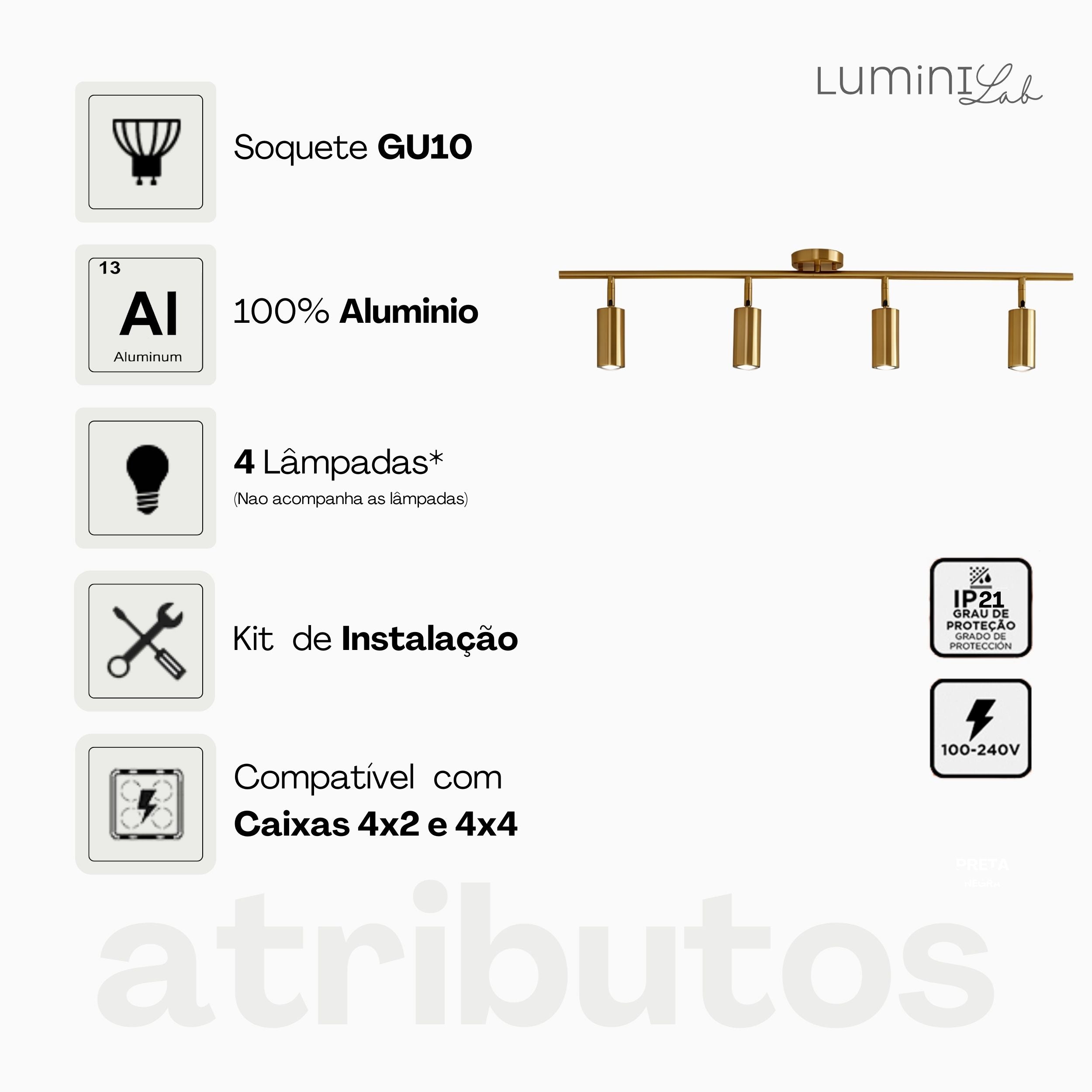 Spot Trilho Industrial Aluminio Teto 4 Luzes GU10 Bivolt Lumini Lab