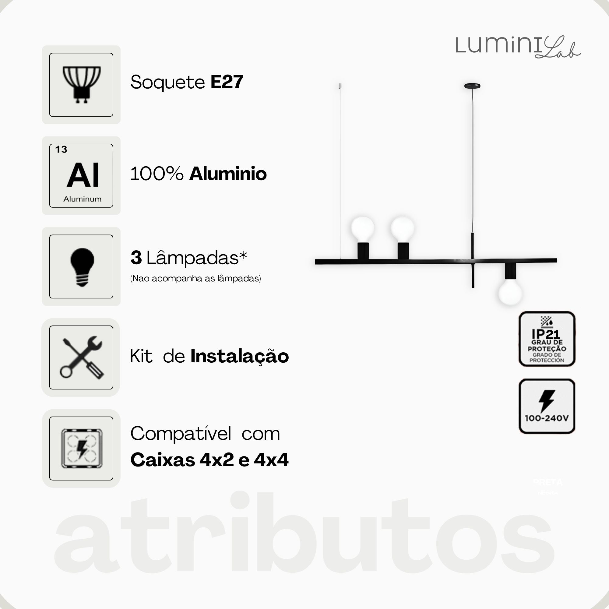 Pendente Linea Aluminio Teto Cabo 1 metro 3 Luzes E27 Bivolt Lumini Lab
