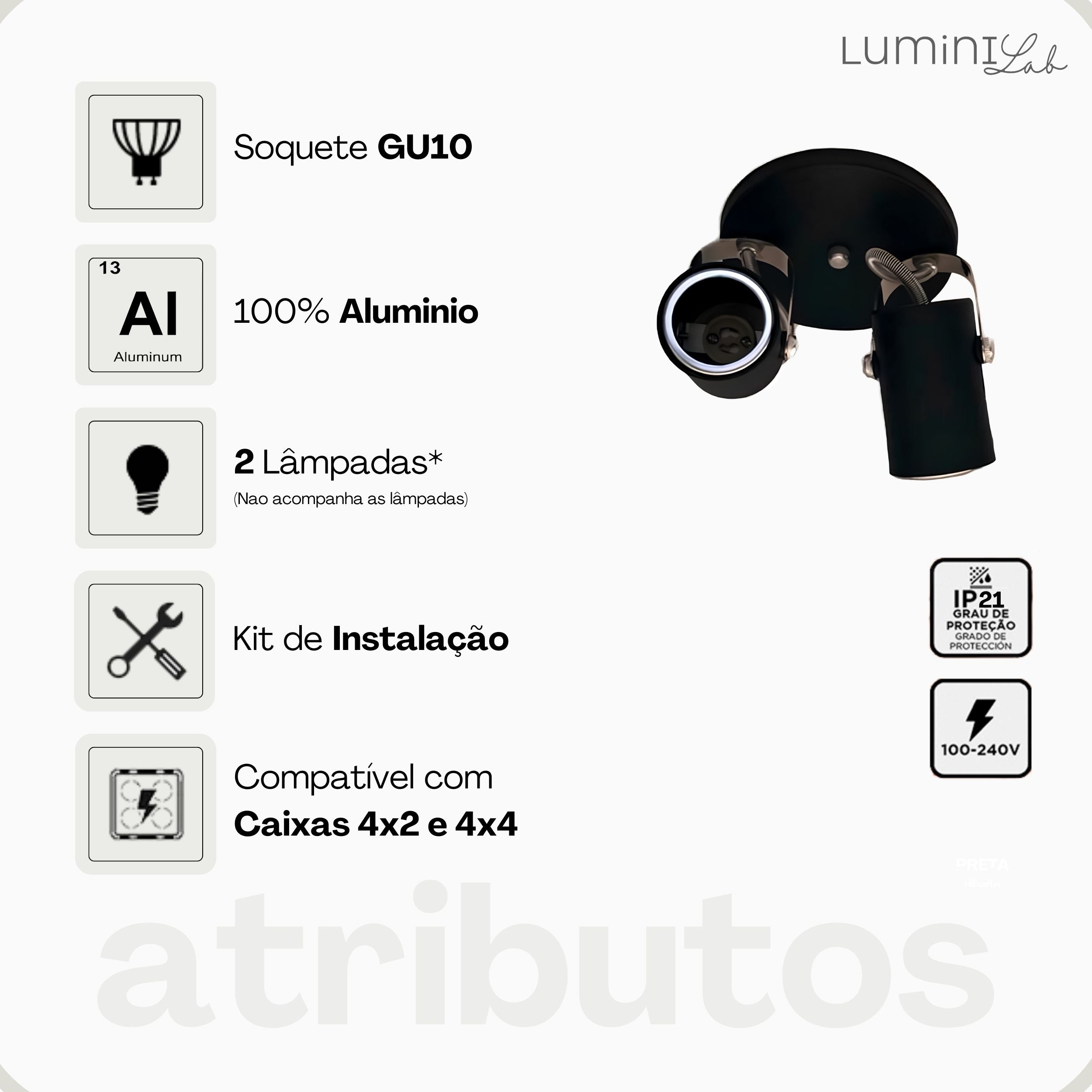 Spot Industrial Aluminio Teto 2 Luzes GU10 Bivolt Lumini Lab