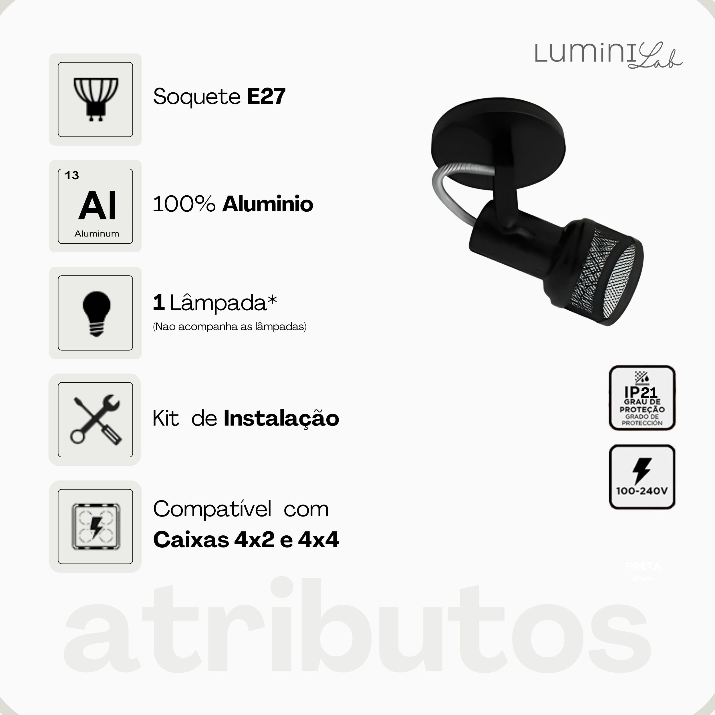 Spot Tela Aluminio Teto E27 1 Luz Lumini Lab