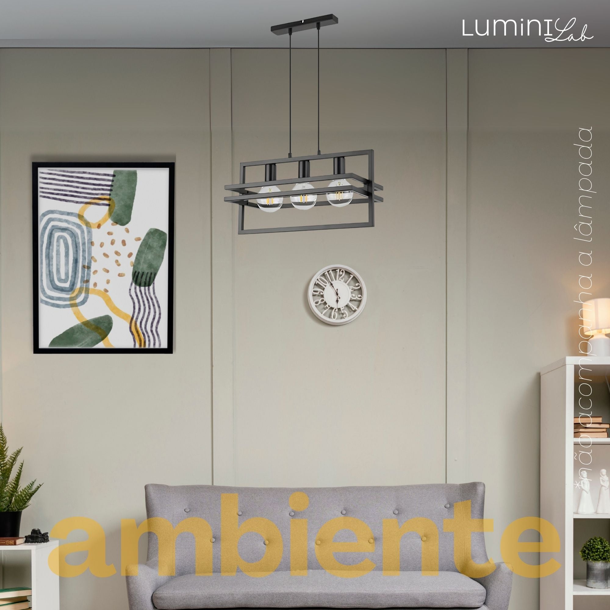 Pendente Moldura Aluminio Teto Cabo 1 metro 3 Luzes E27 Bivolt Lumini Lab