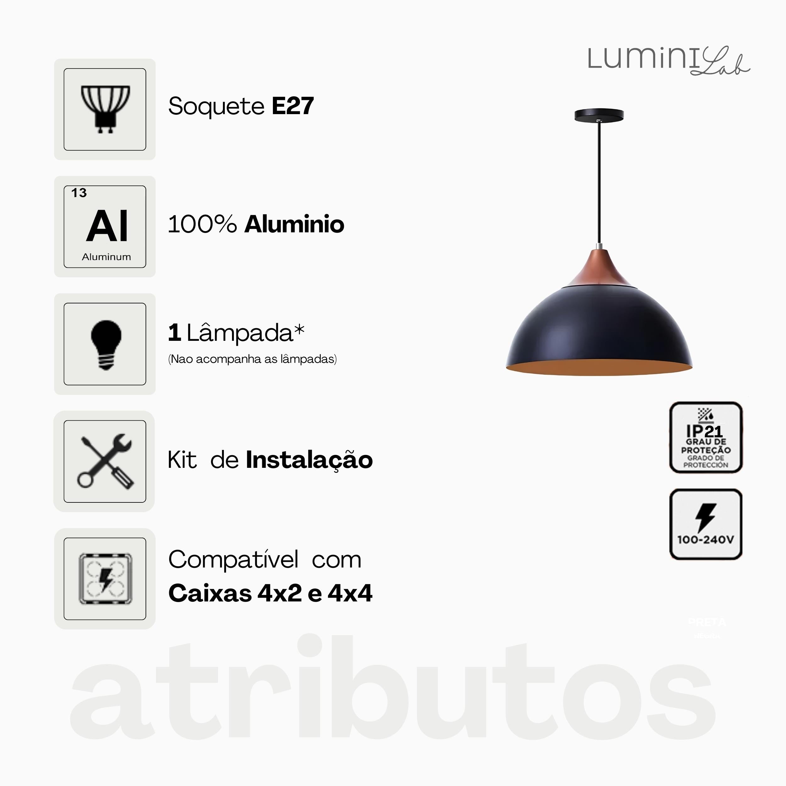 Pendente Industrial Roma Aluminio Teto Cabo 1 metro 1 Luz E27 Bivolt Lumini Lab