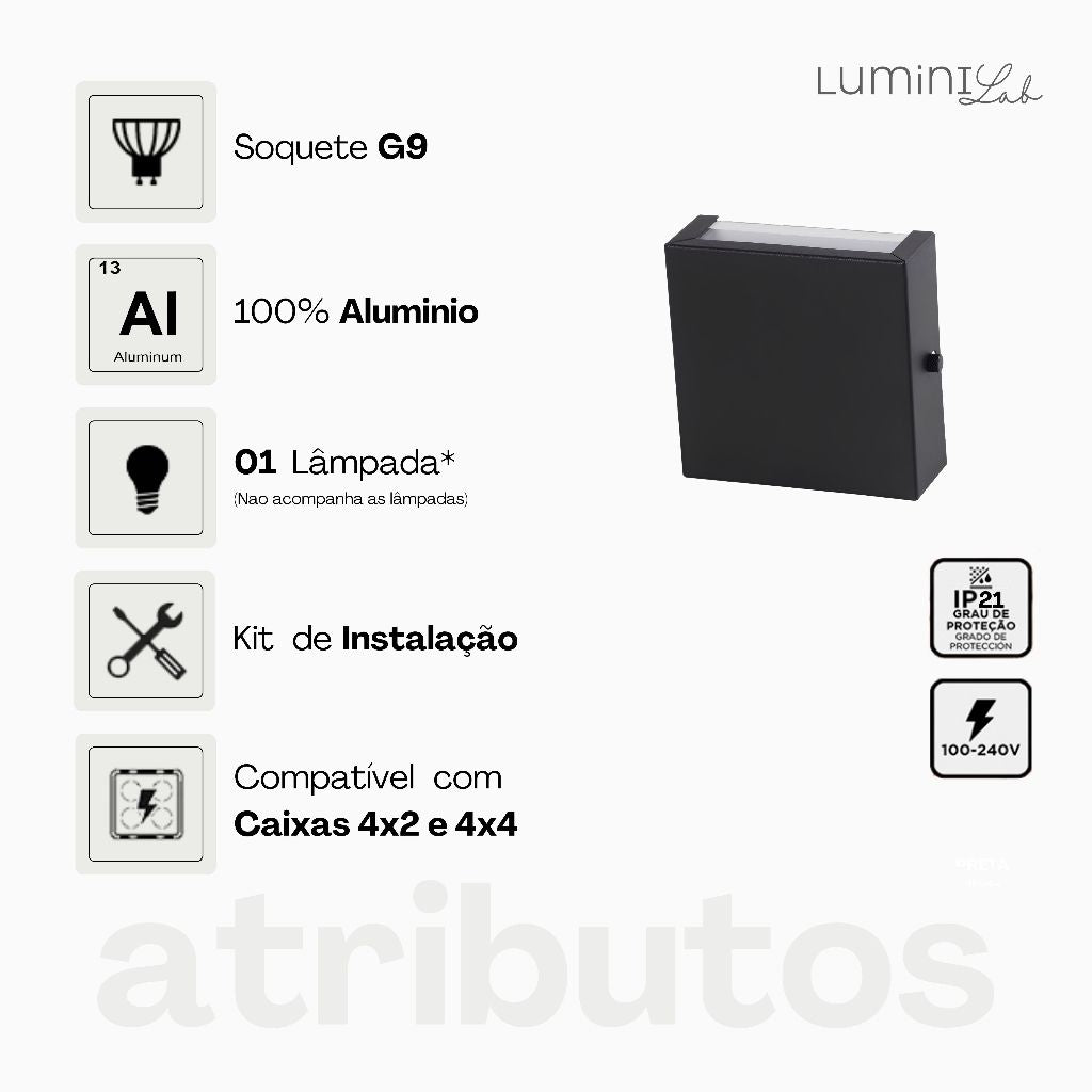 Arandela Slim Aluminio Parede 1 Luz G9 Bivolt Lumini Lab