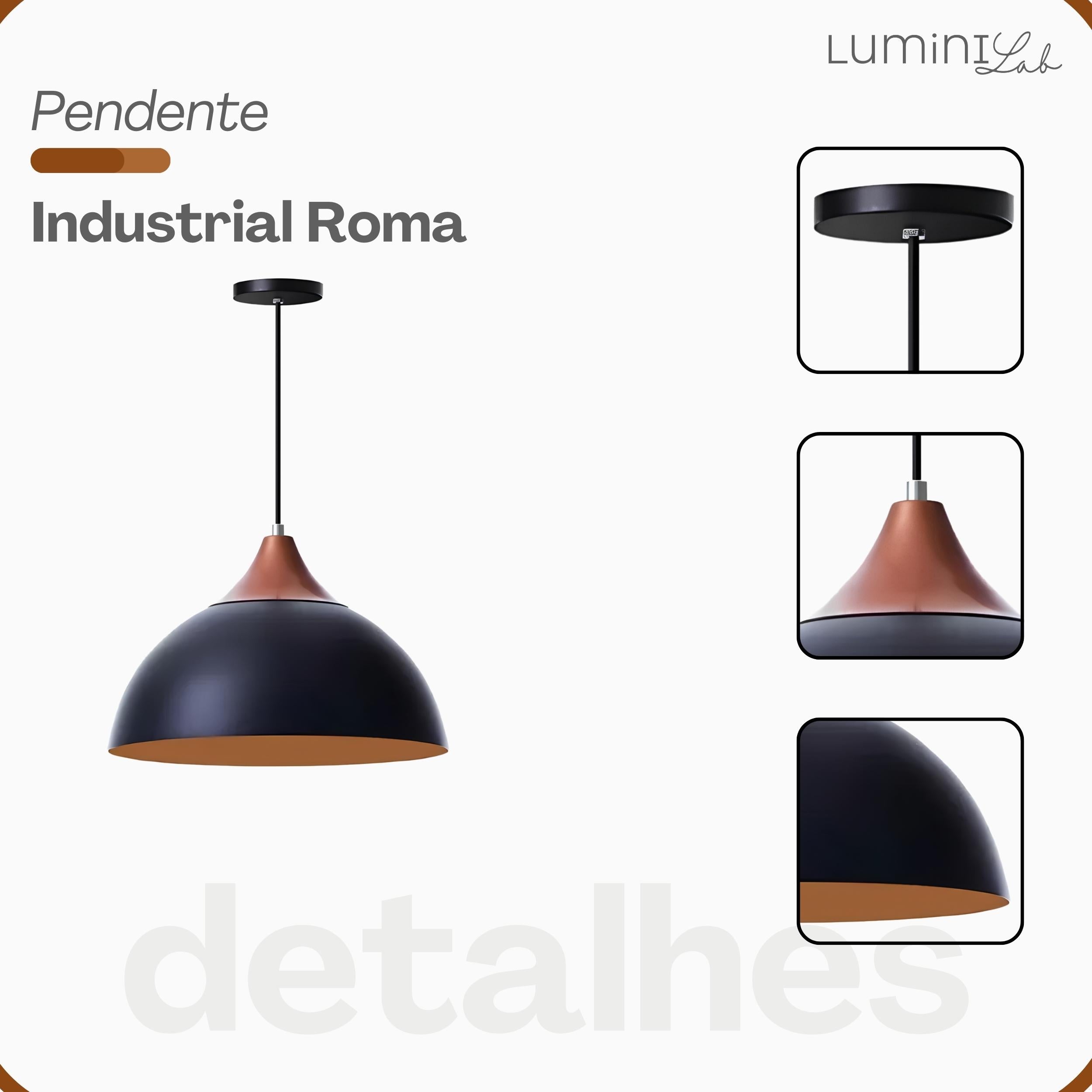Pendente Industrial Roma Aluminio Teto Cabo 1 metro 1 Luz E27 Bivolt Lumini Lab