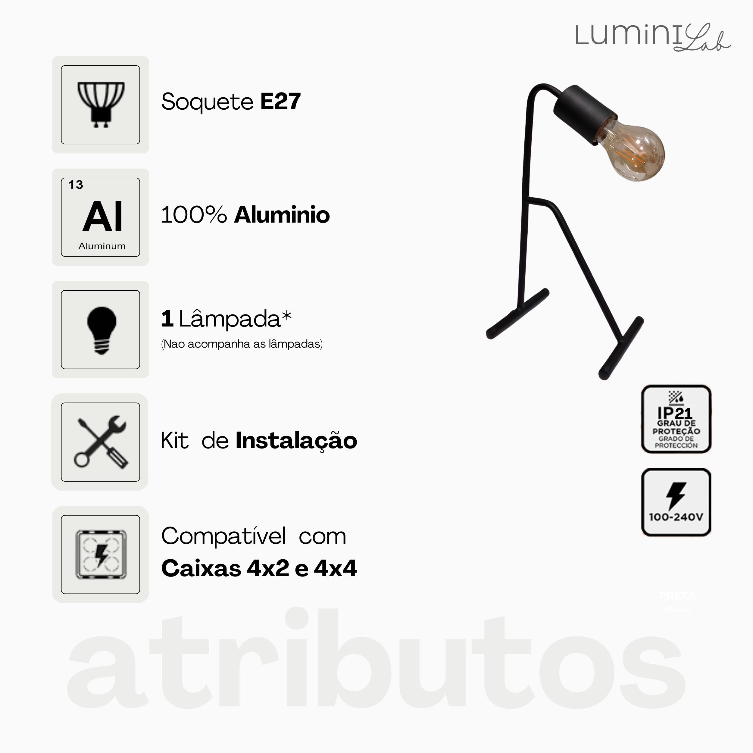 Luminaria de Mesa Pix Aluminio 1 Luz E27 Bivolt Lumini Lab