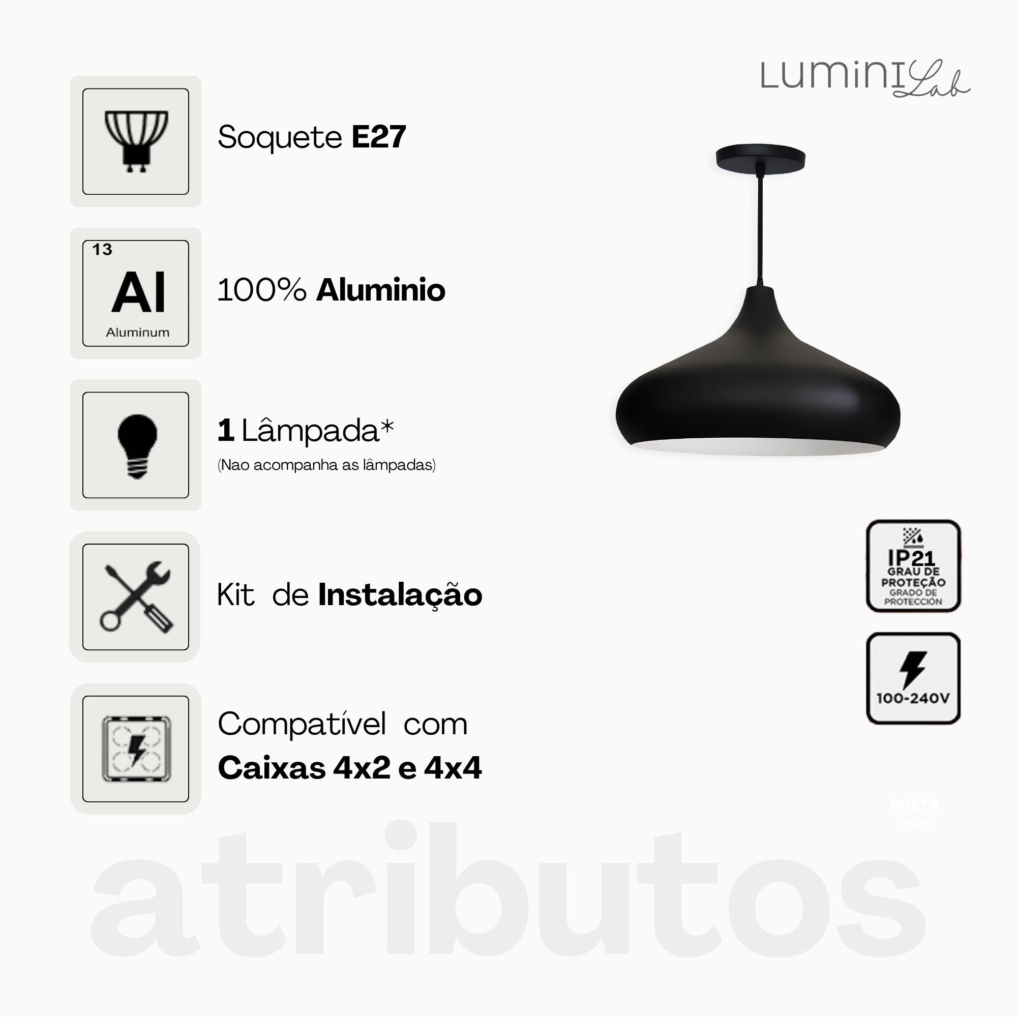Pendente Gomo Aluminio Teto E27 1 Luz Lumini Lab