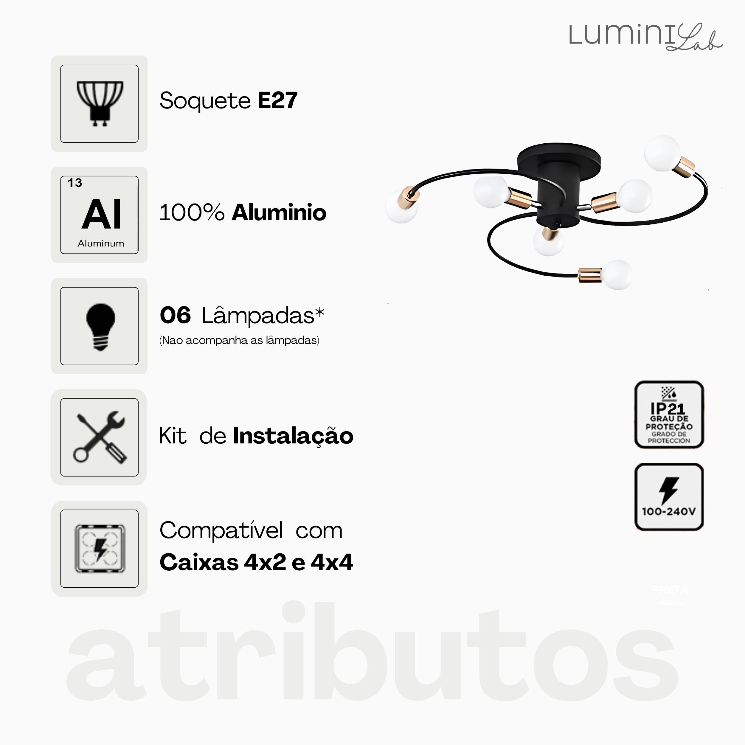 Plafon Esmeralda Aluminio Teto E27 6 Luzes Lumini Lab