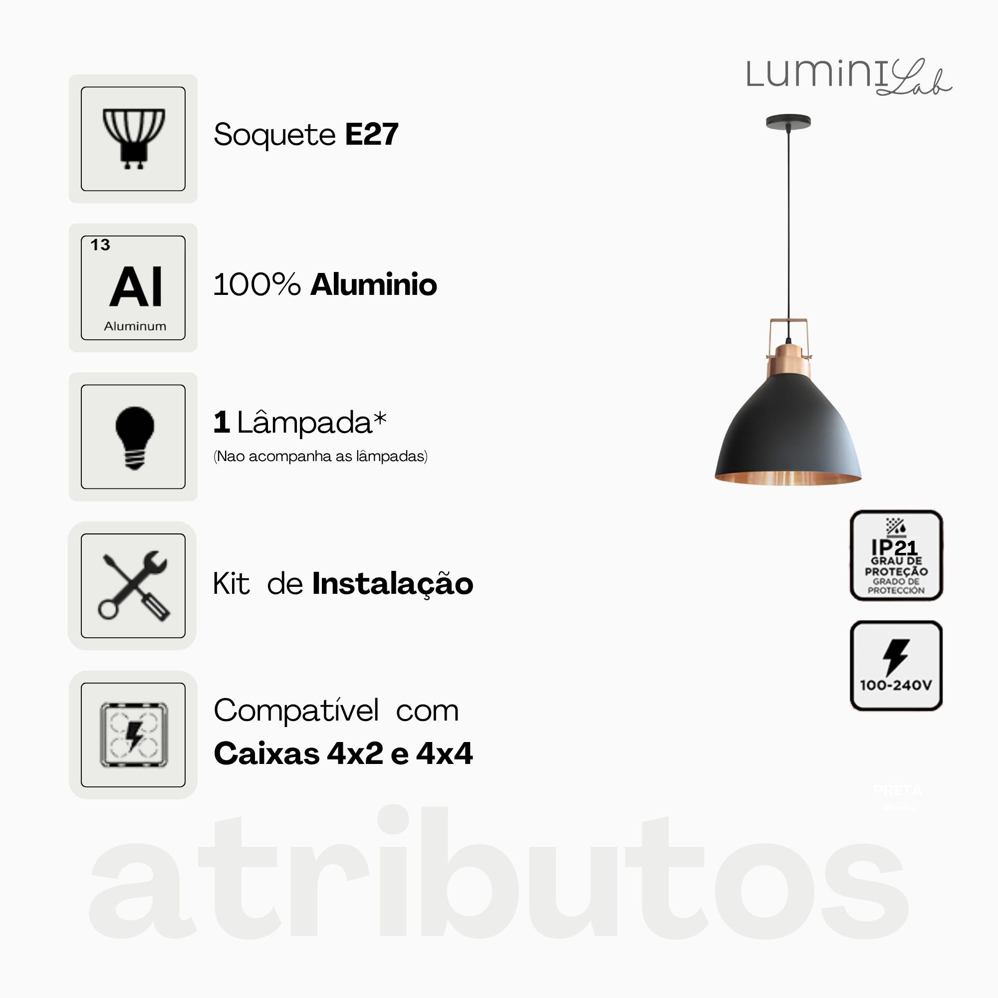 Pendente Aveiro 300 Aluminio Teto E27 1 Luz Lumini Lab