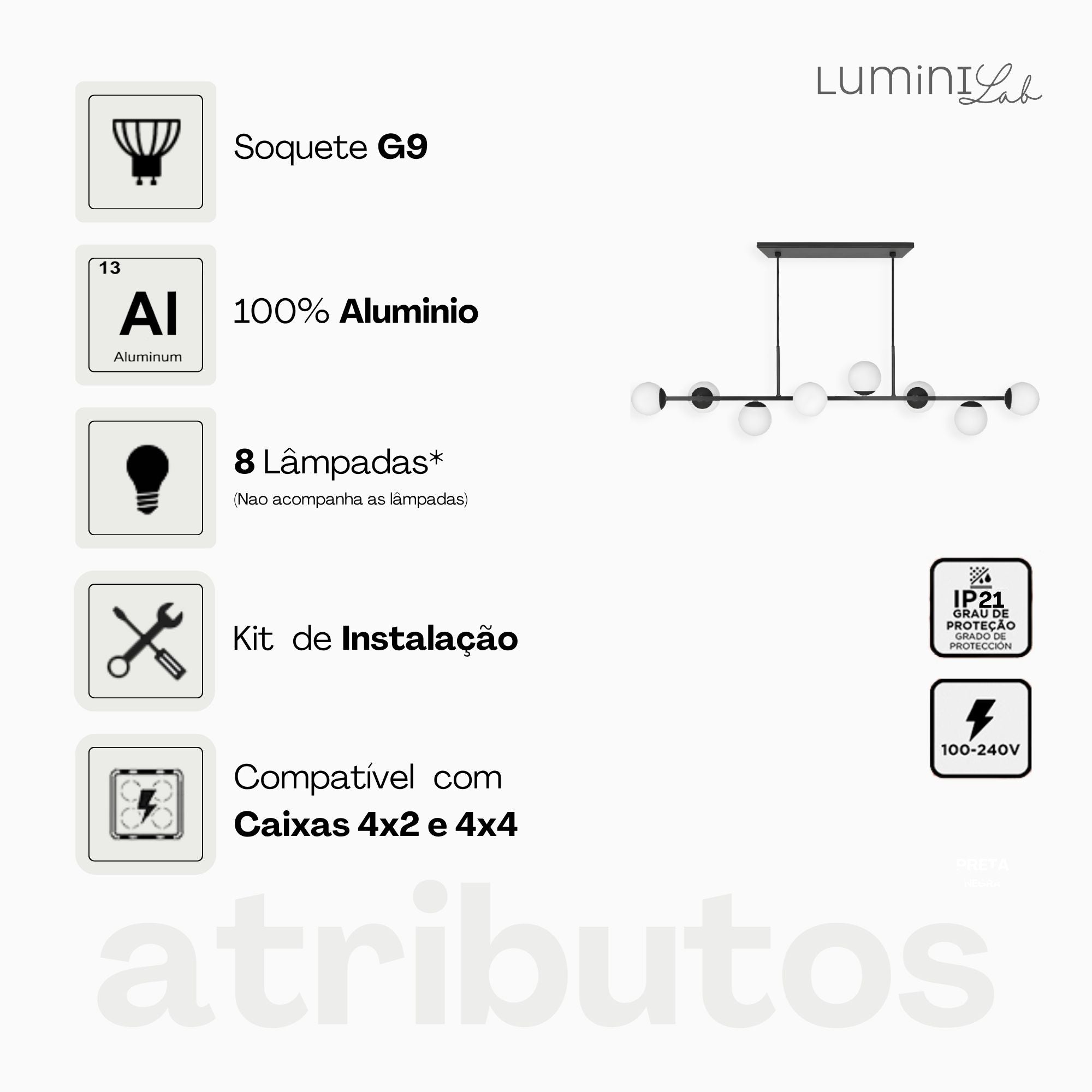 Pendente Bahrein Aluminio D12 Teto G9 8 Luzes Lumini Lab