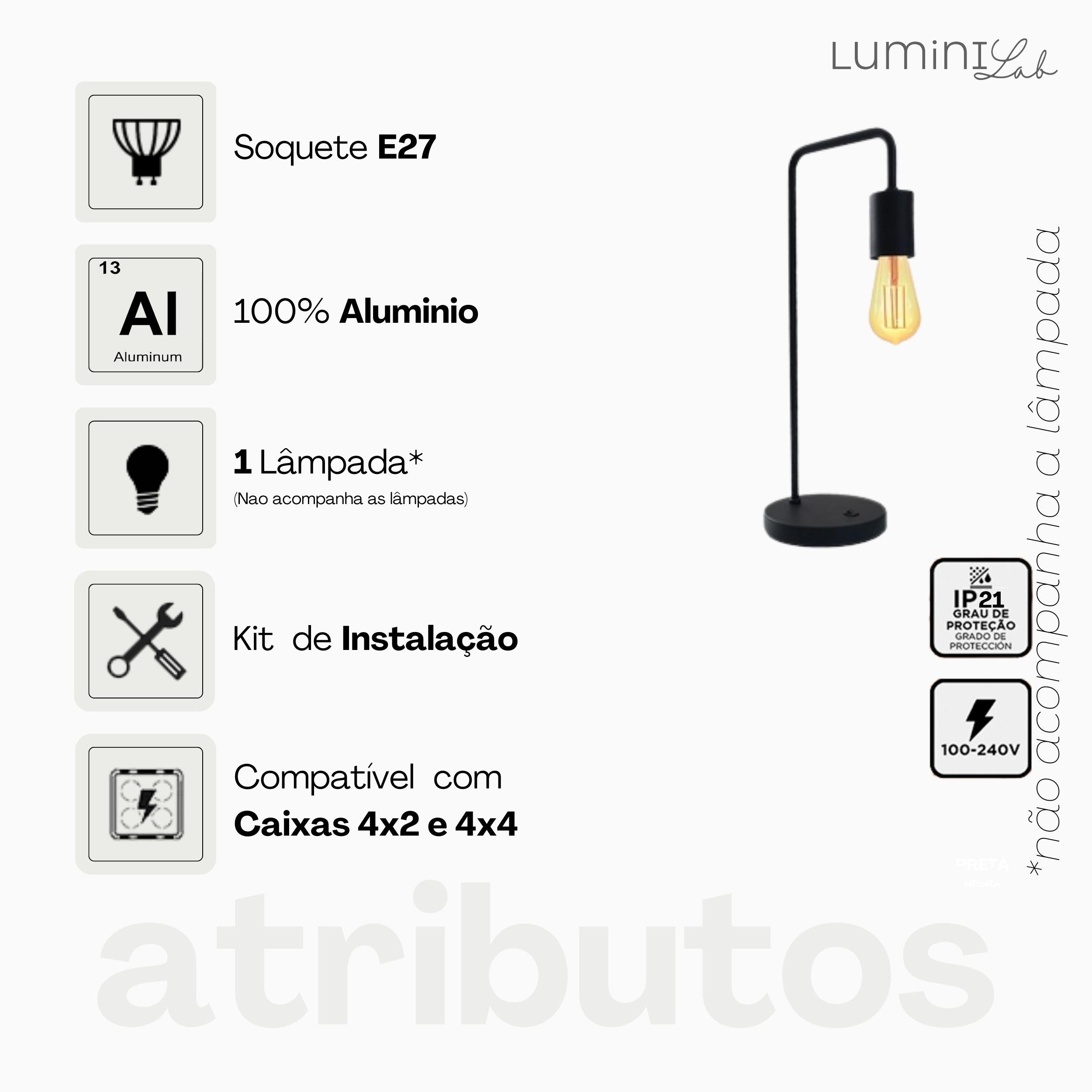Luminaria de Mesa Vintage Aluminio E27 1 Luz Fixa Lumini Lab