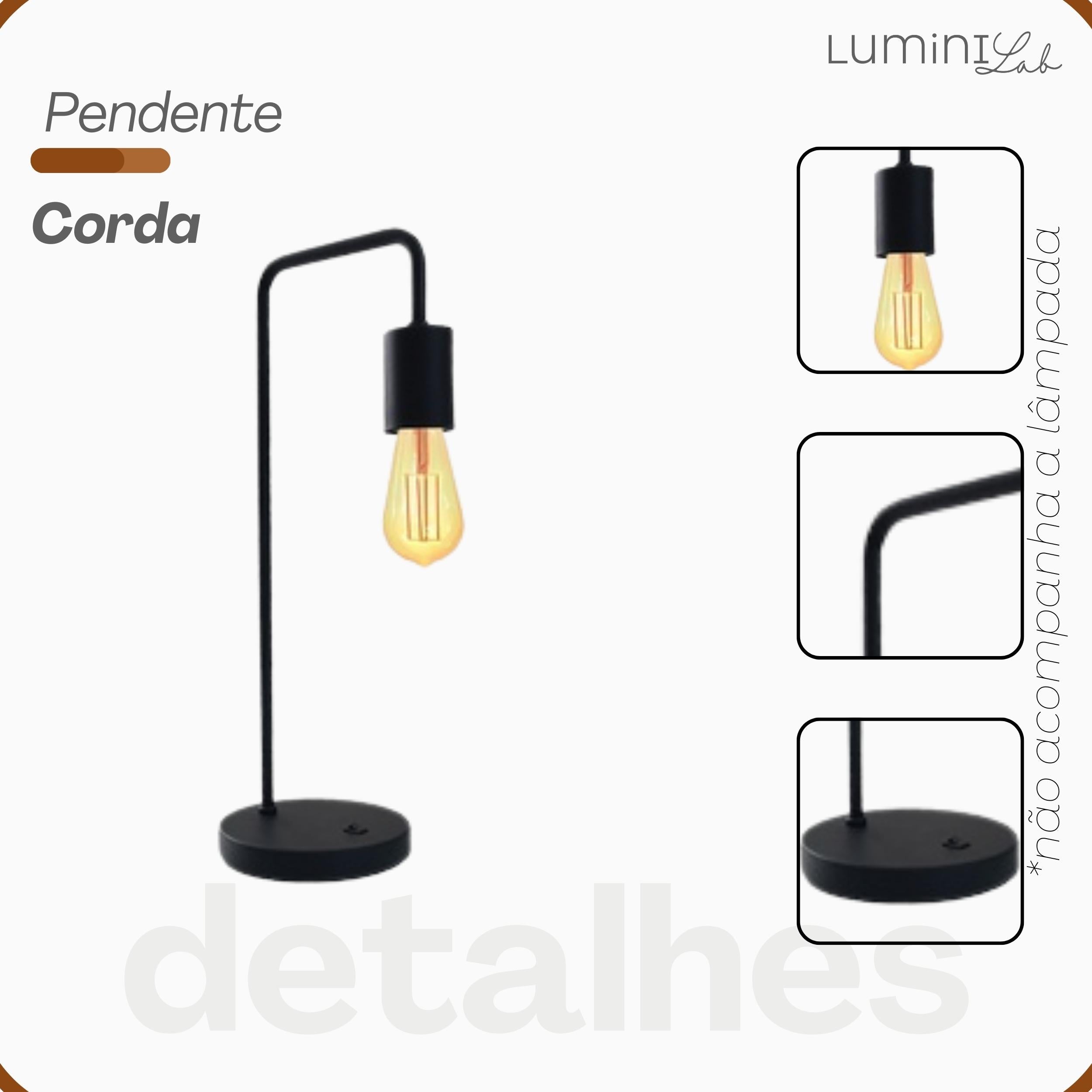 Pendente Corda Aluminio Teto Cabo 1 metro 1 Luz E27 Bivolt Lumini Lab