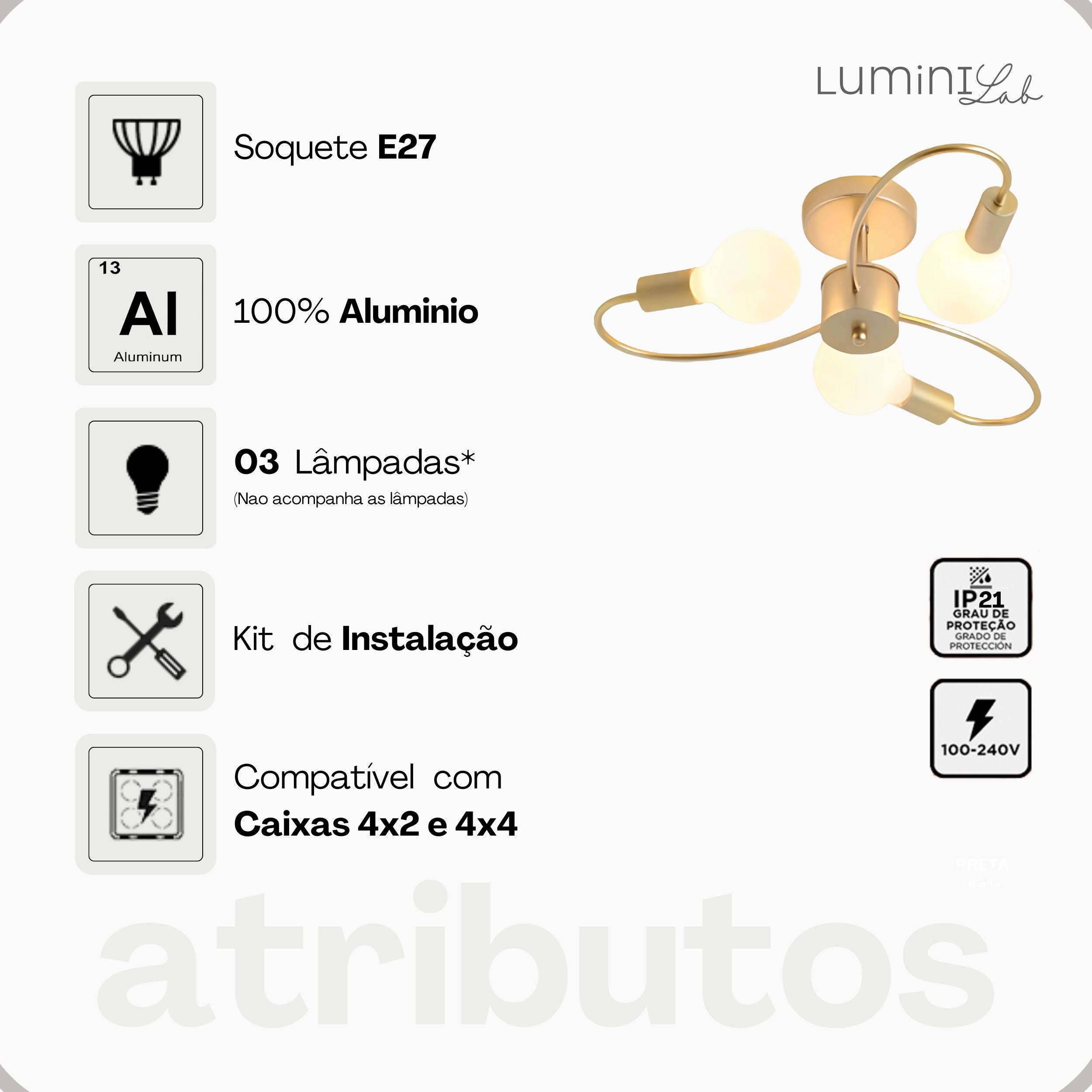 Plafon Flower Aluminio Teto 3 Luzes E27 Bivolt Lumini Lab