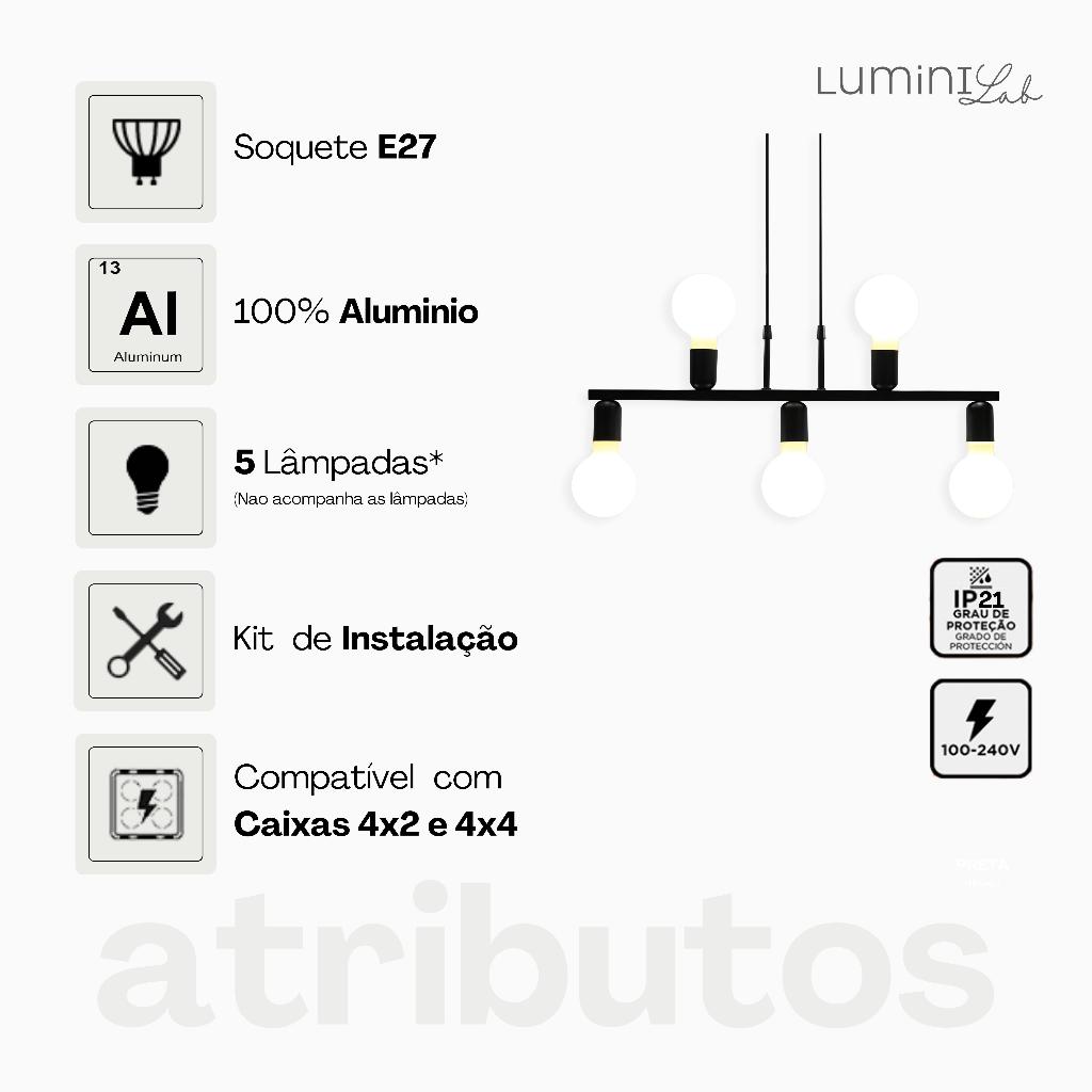 Pendente Tugson Aluminio Teto Cabo 1 metro 5 Luzes E27 Bivolt Lumini Lab