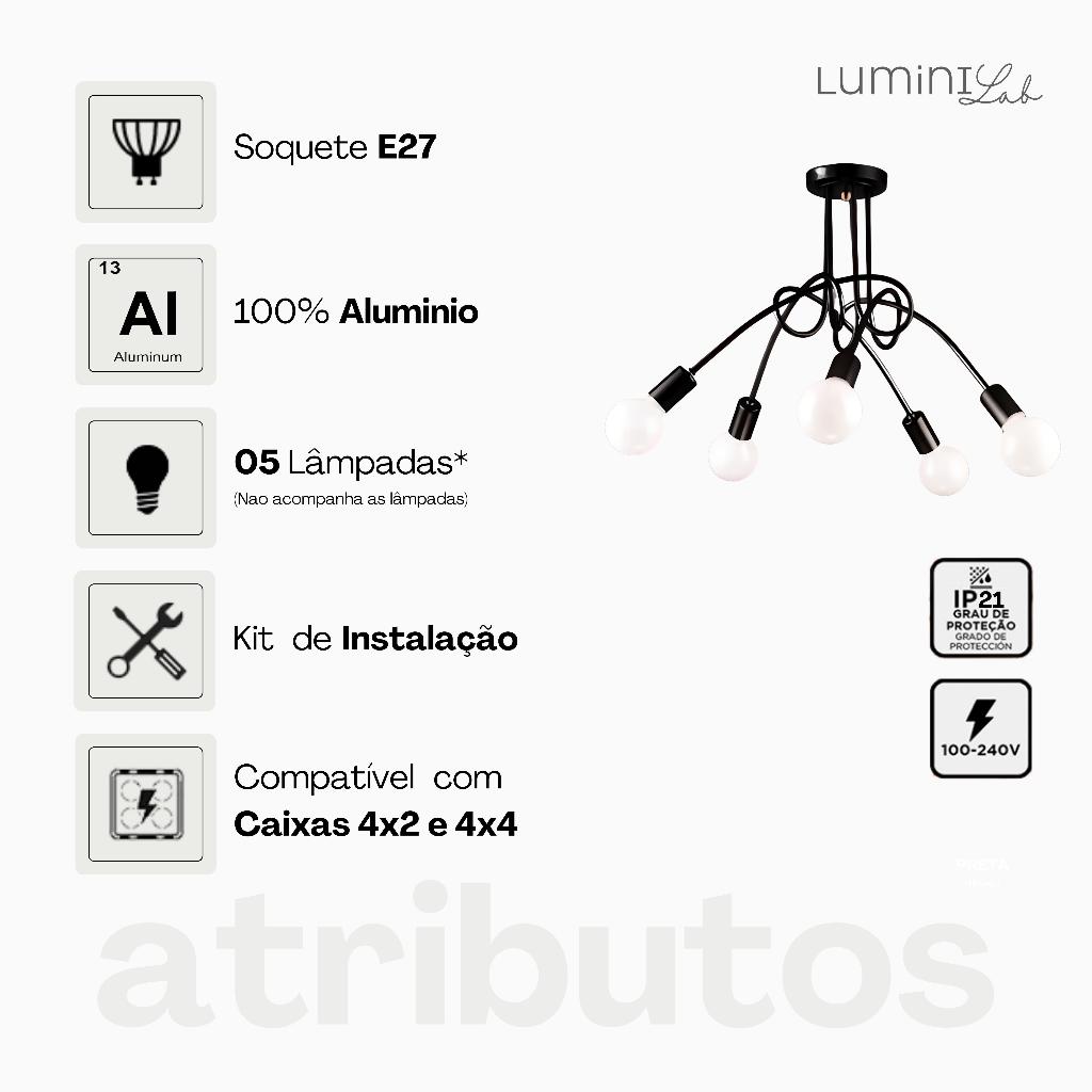 Plafon Laço Aluminio Teto E27 5 Luzes Lumini Lab