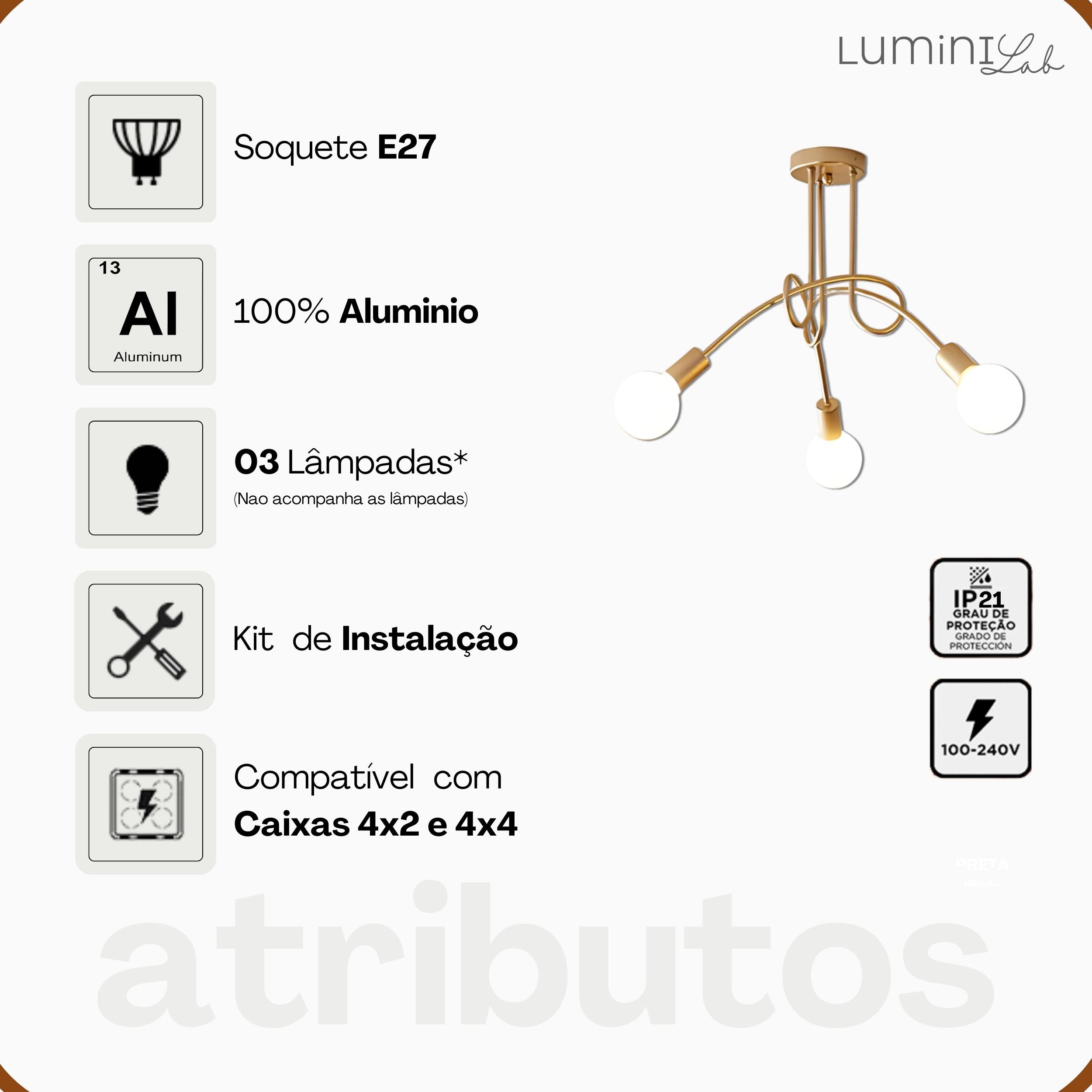Plafon Laço Aluminio Teto E27 3 Luzes Lumini Lab