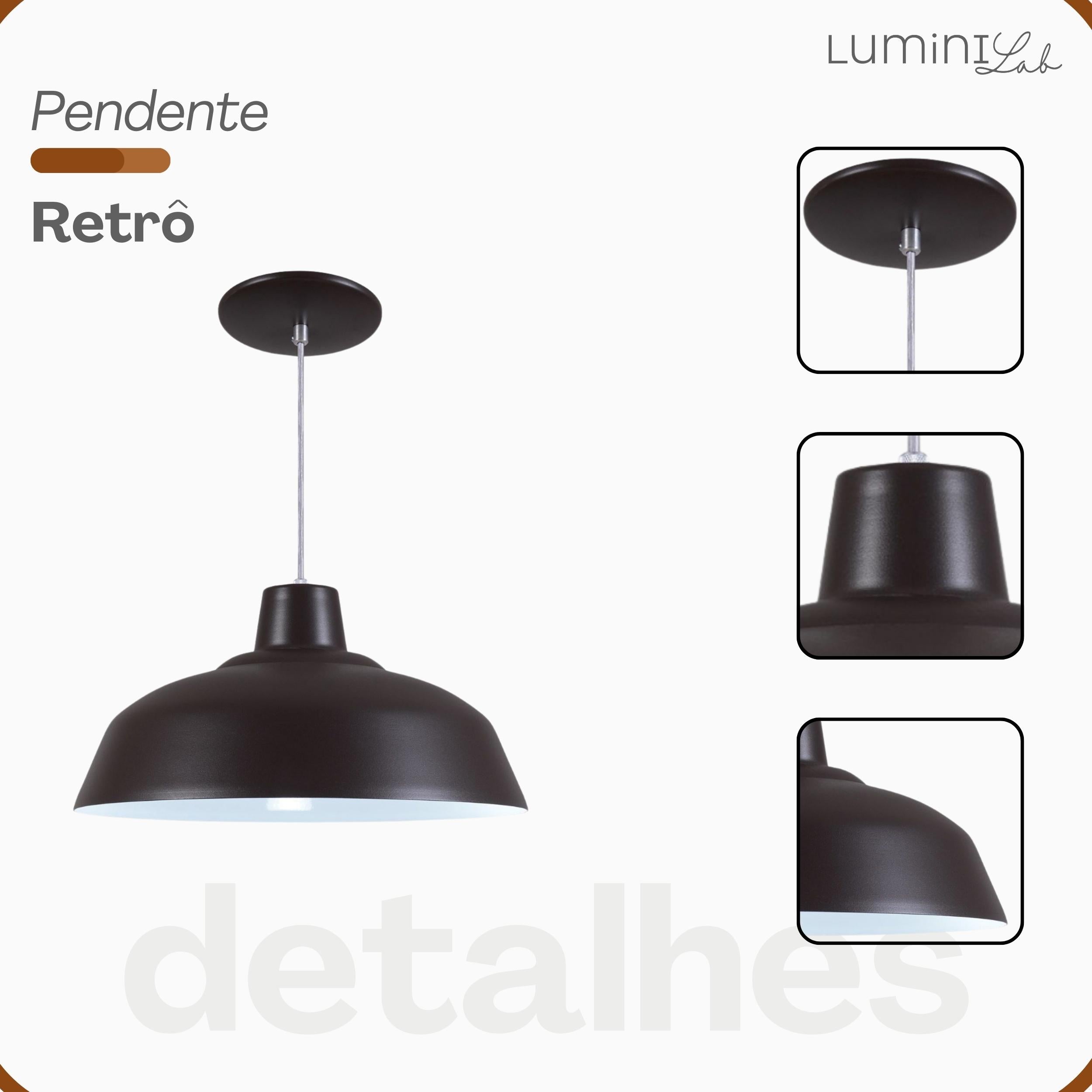 Pendente Retro Aluminio Teto Cabo 1 metro 1 Luz E27 Bivolt Lumini Lab