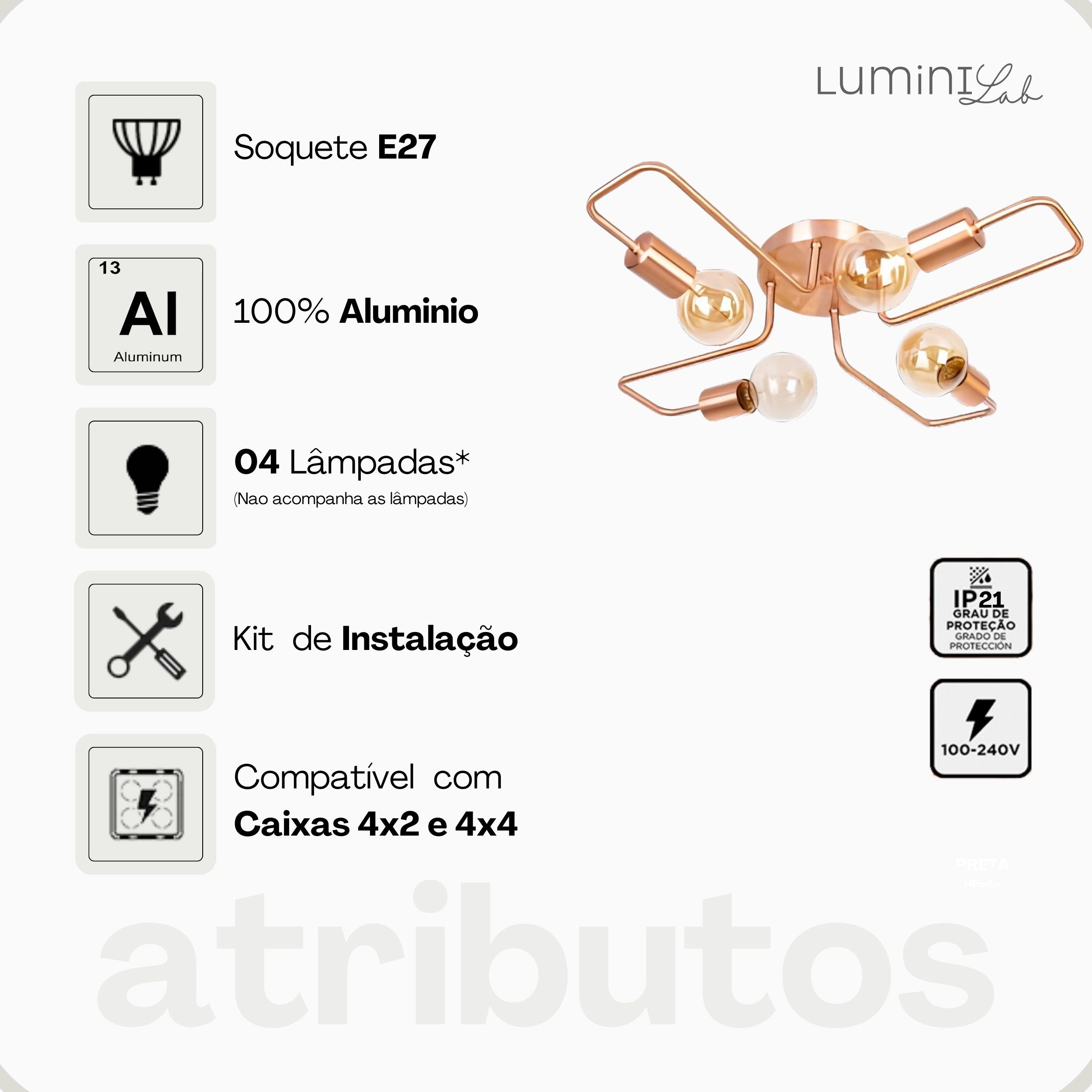 Plafon Tanger Aluminio Teto E27 4 Luzes Lumini Lab