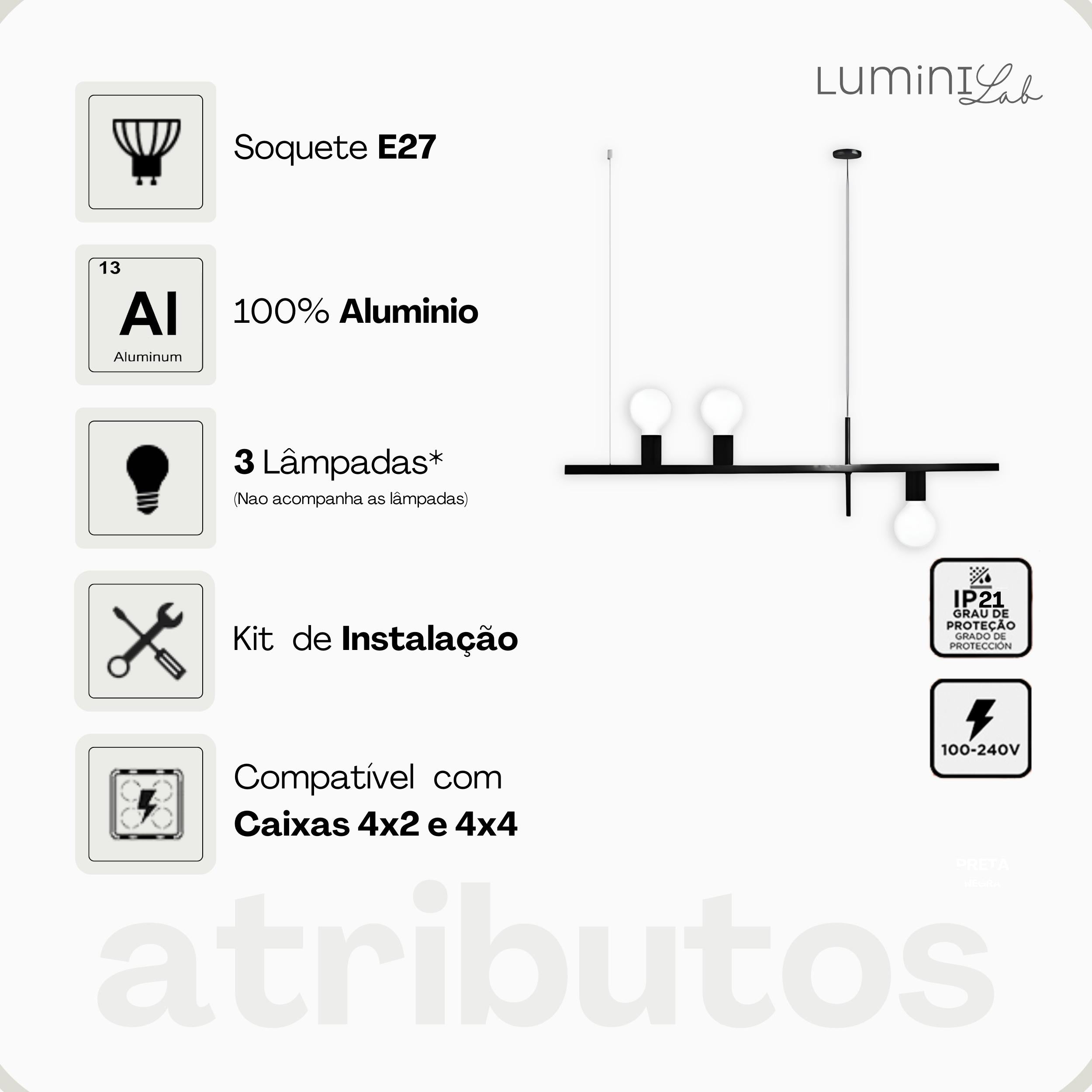Pendente Linea Aluminio Teto Cabo 1 metro 3 Luzes E27 Bivolt Lumini Lab