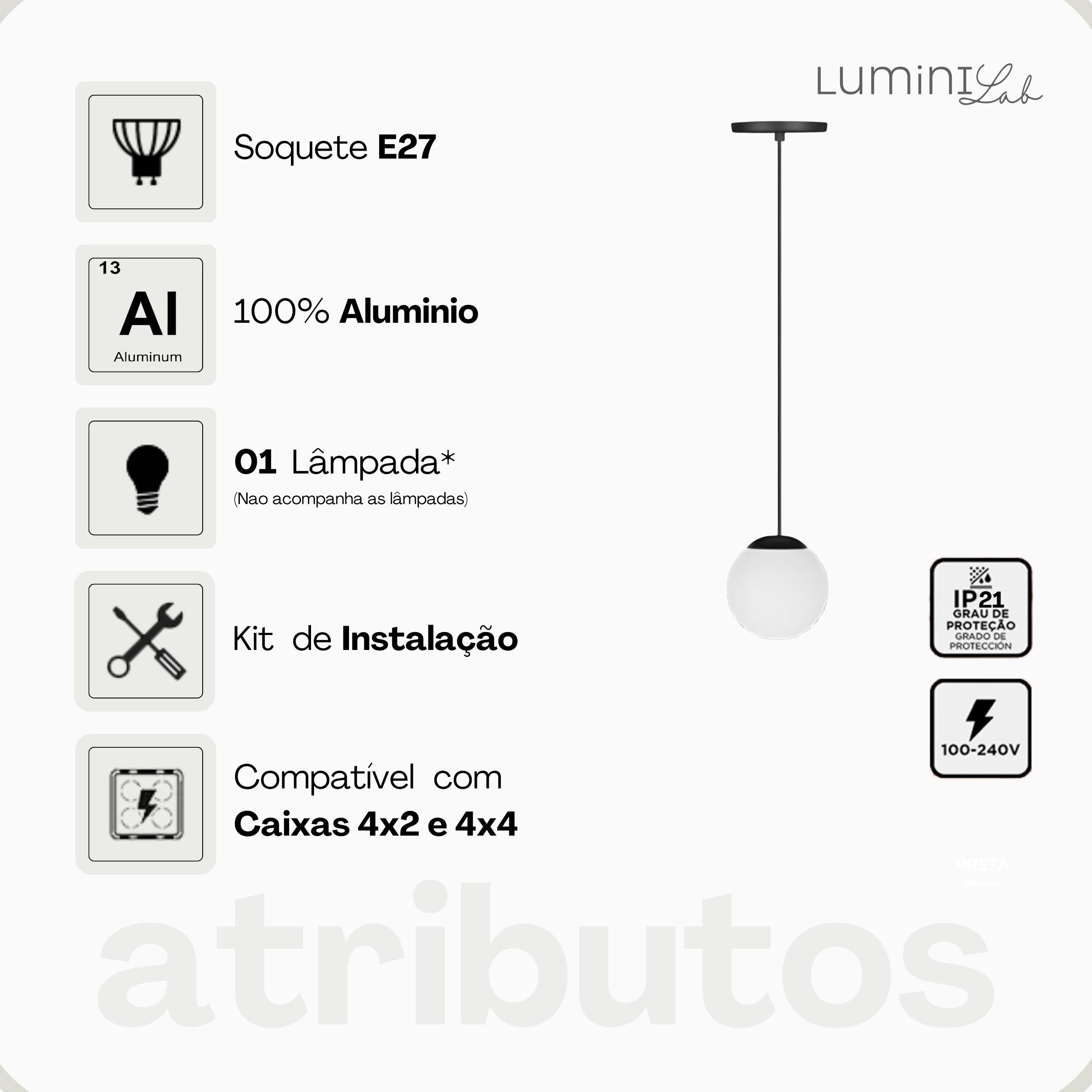 Pendente Hanover Aluminio D15 Teto E27 1 Luz Lumini Lab