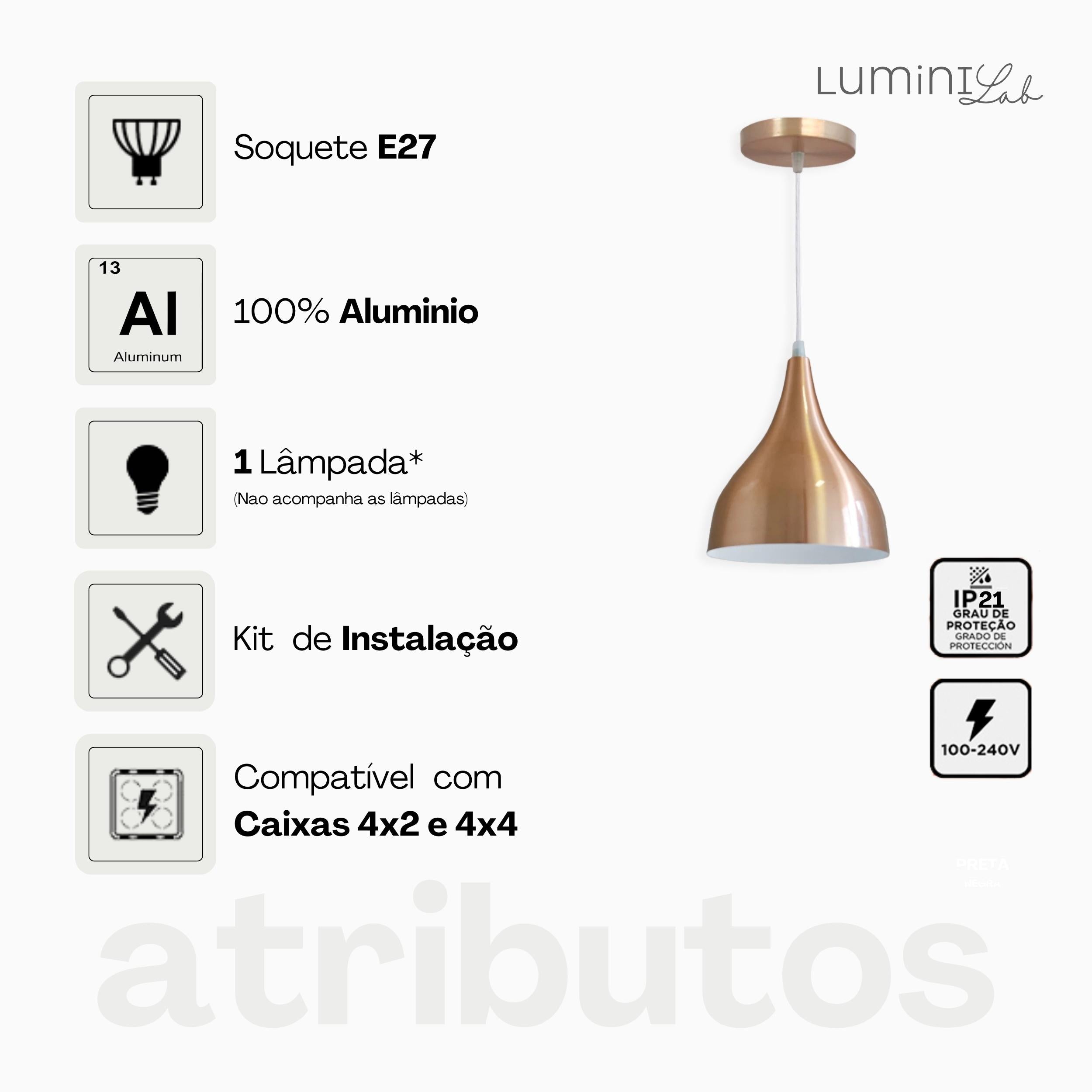 Pendente Cairo Aluminio Teto E27 1 Luz Lumini Lab